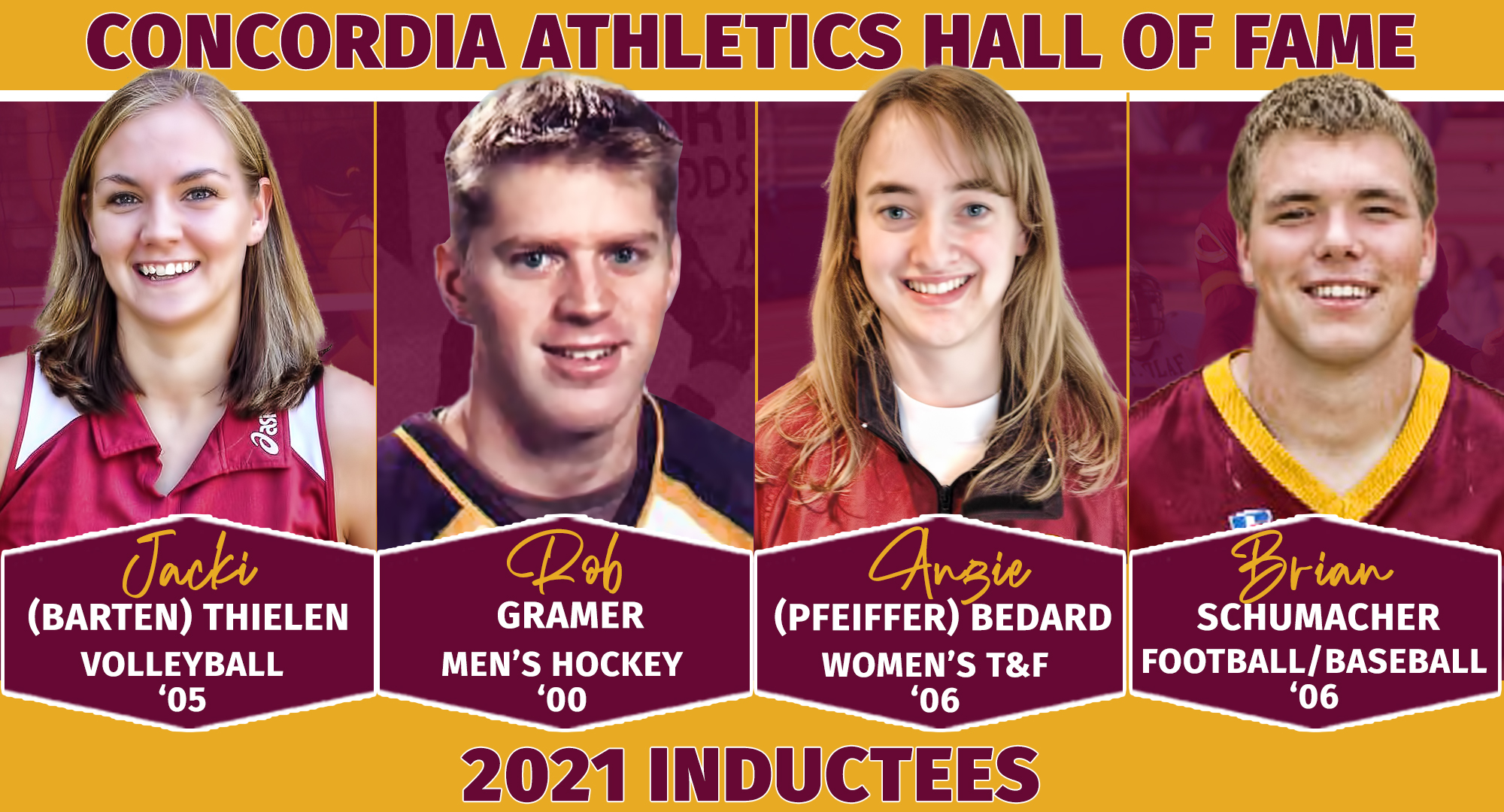 Jackelyn (Barten) Theilen (L), Rob Gramer, Angie (Pfeiffer) Bedard and Brian Schumacher will be inducted into the Concordia Athletic Hall of Fame on Saturday, Oct. 2.