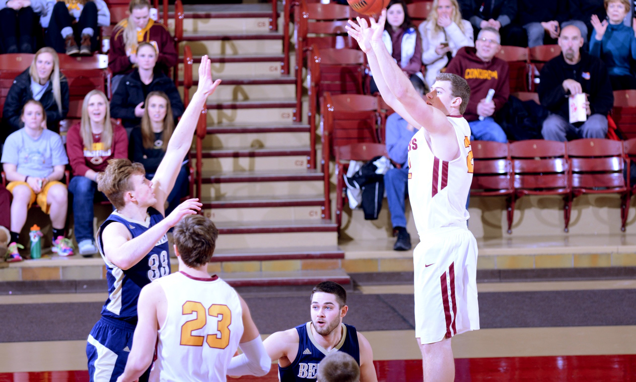 Senior Brady Syverson hits the jumper for two of his team-high 14 points in the Cobbers' 69-61 win over Bethel.