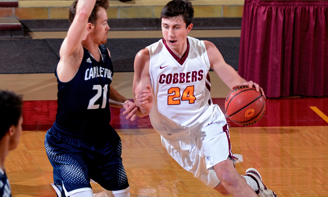 Austin Nelson had 11 points, including a first-half dunk, in the Cobbers' 60-45 win at Carleton.
