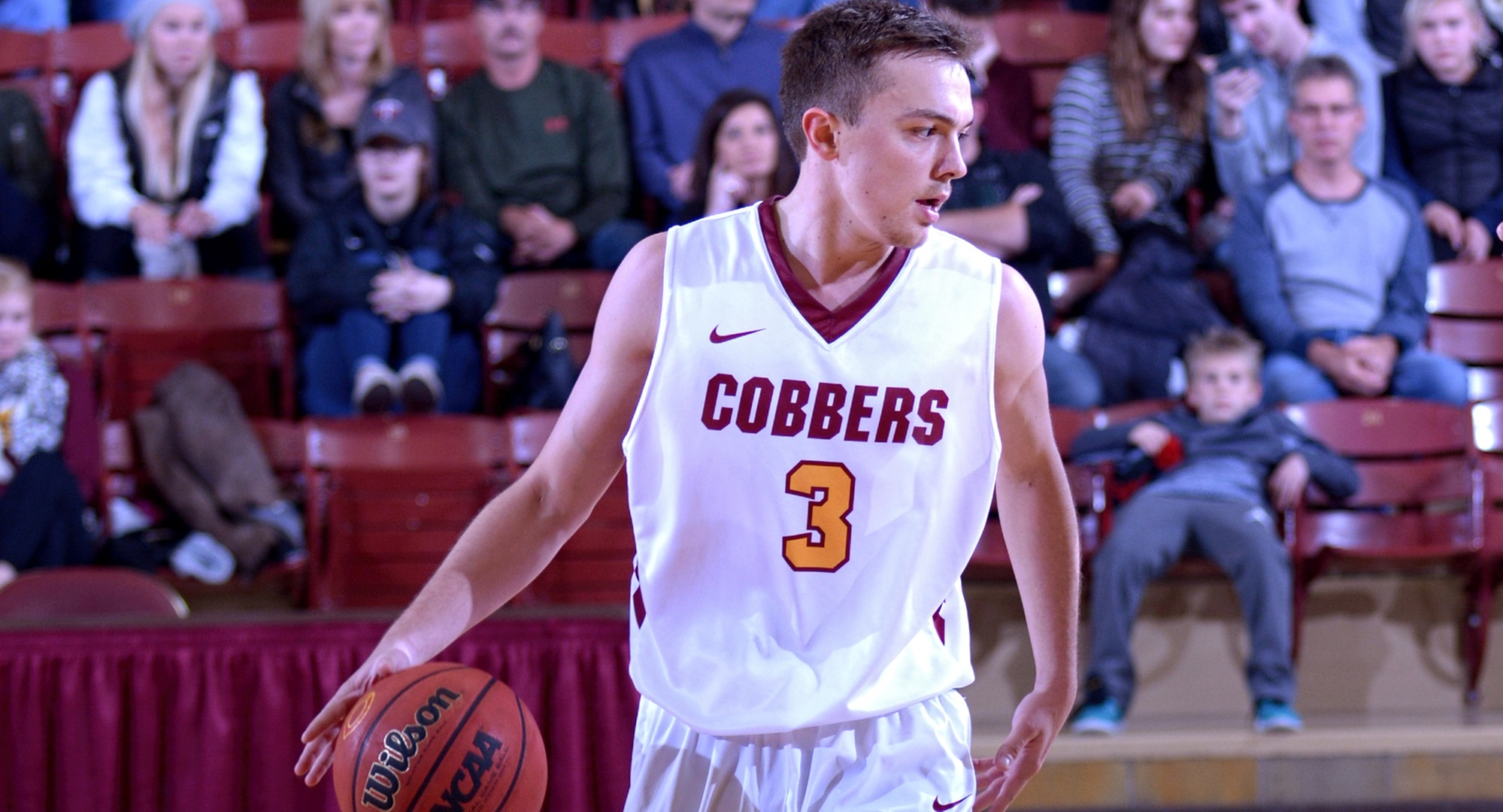 Senior Zach Kinny hit a 3-pointer with .02 seconds left to go to give the Cobbers a 74-73 win over St. John's. Kinny also had 10 rebounds and six assists.