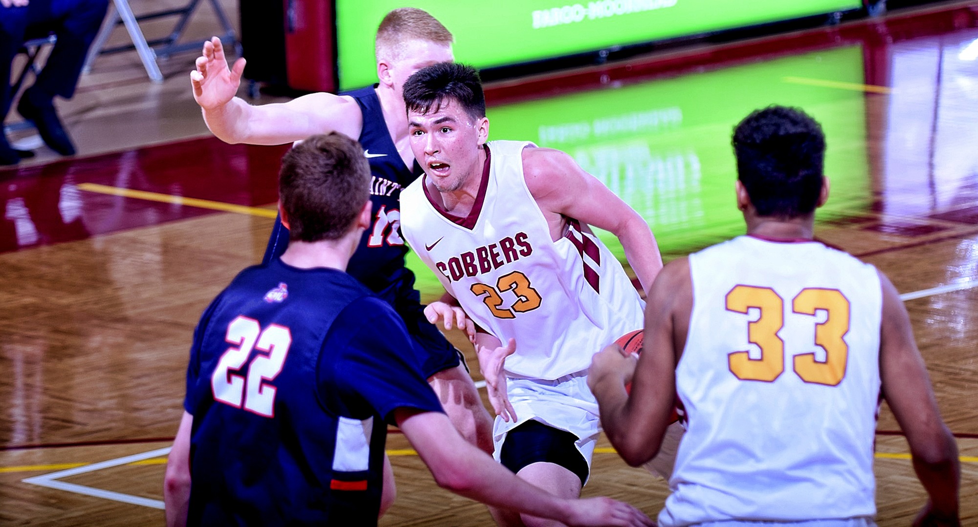 Senior Jordan Davis drives to the basket in the second half against St. Mary's for two of his team-high 18 points in the Cobbers' 67-60 win.