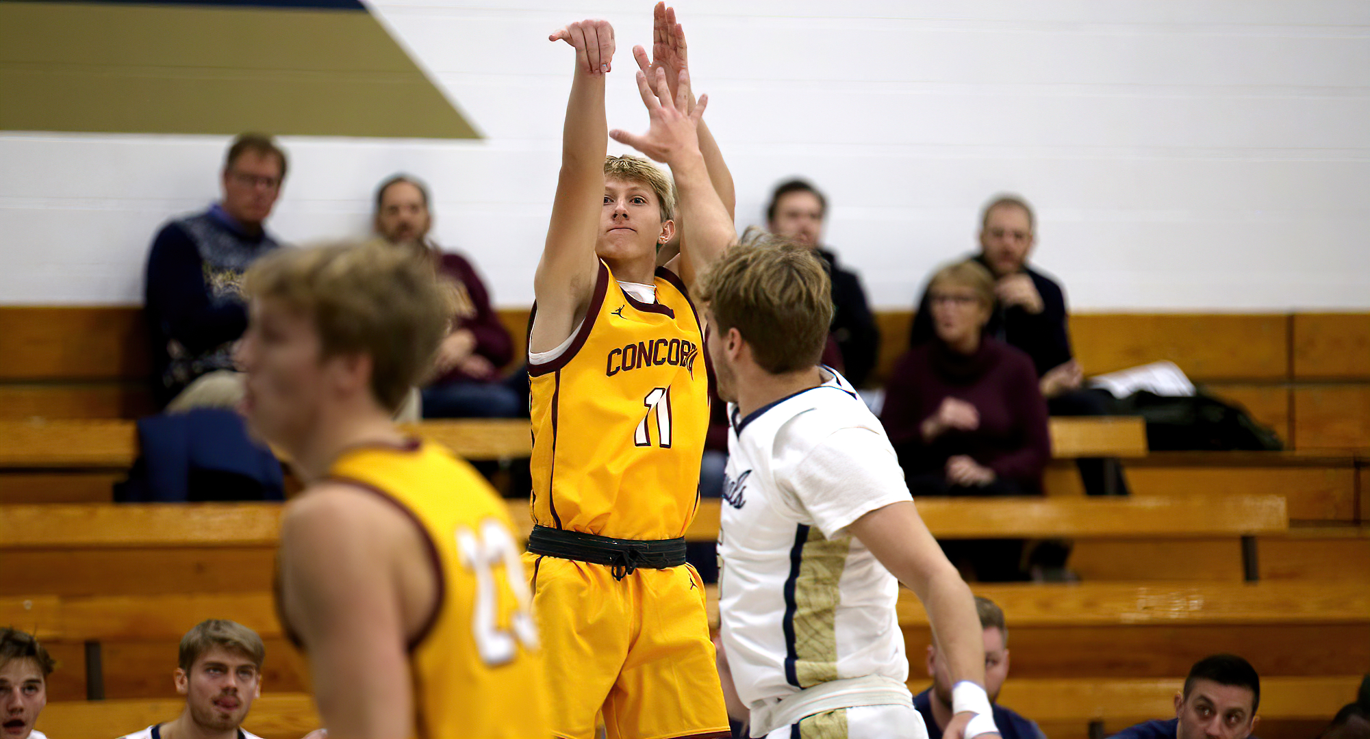 Freshman Peyton Belka knocks down two of his 17 points in the Cobbers' game at Bethel (Photo courtesy of Ryan Coleman, D3photography.com)