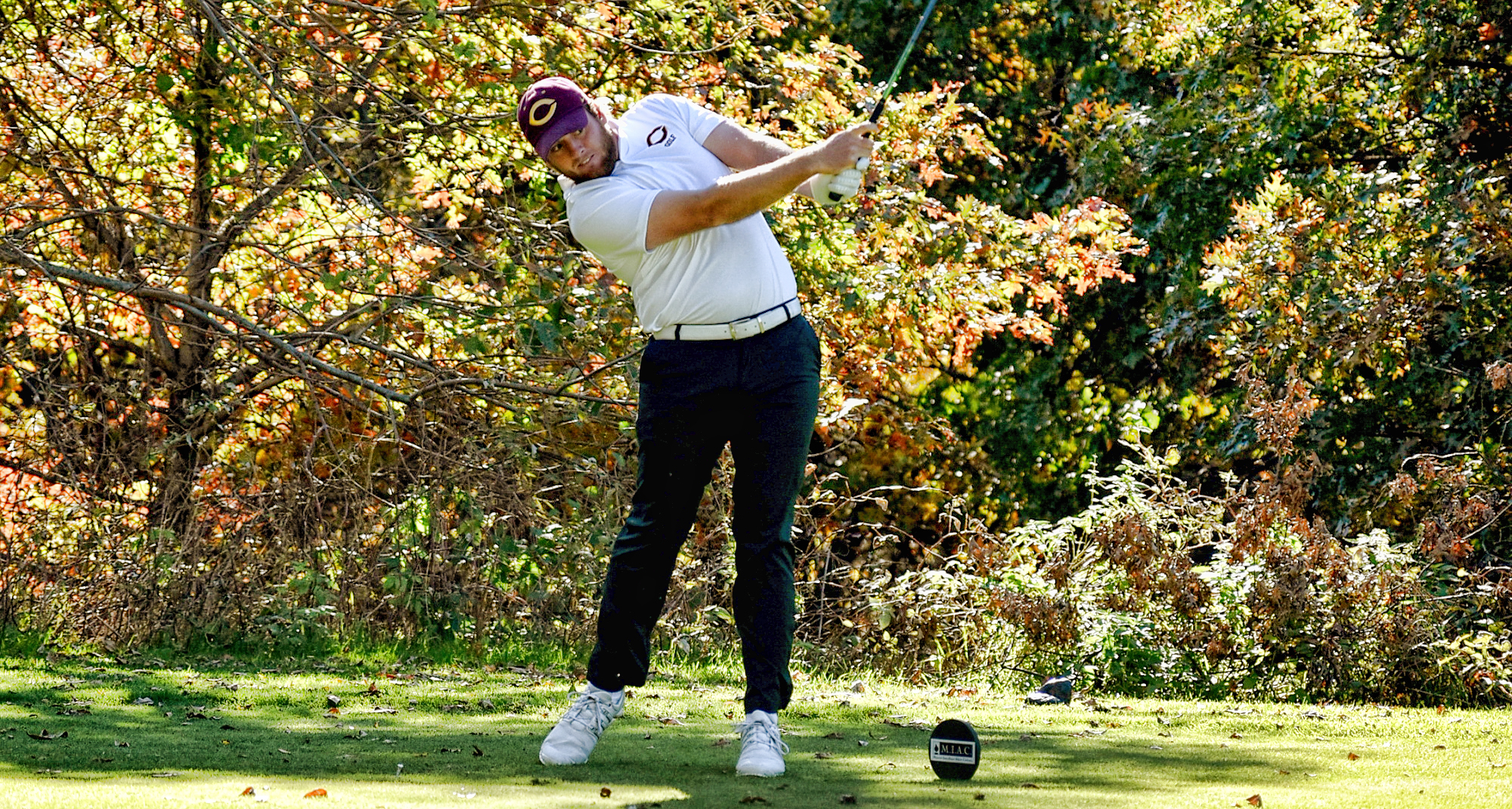 Cade Montplaisir tees off in the second round of the MIAC Championship Meet. He posted his second straight third-place finish. (Pic courtesy of Matt Higgins - MIAC Office)