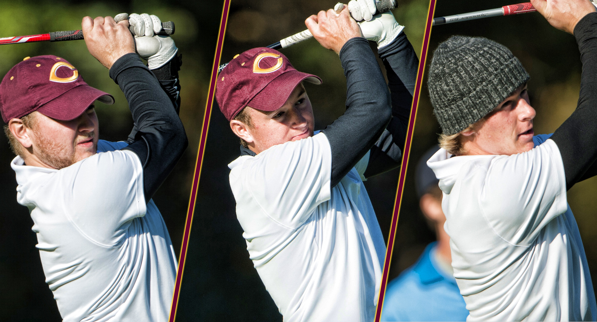 Nathaniel Kahlbaugh (L), Blake Kahlbaugh and Gage Stromme (R) all shot a 69 to lead the Cobbers to a single-round school record, and first place, at the Bobby Krig Invite.