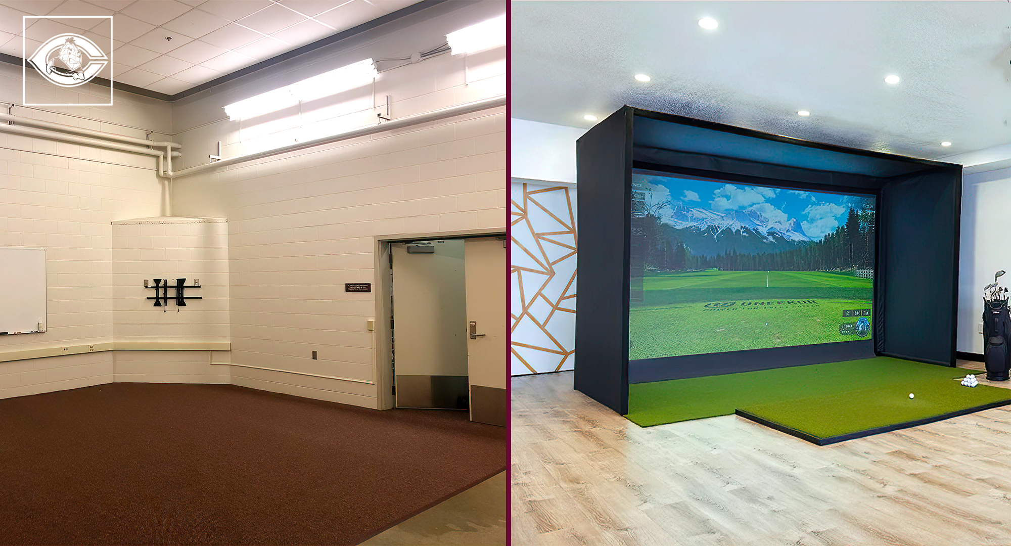 The new Concordia indoor performance center for golf will be housed in an unused space in Olson Forum (left) and feature the latest technology from Uneekor.