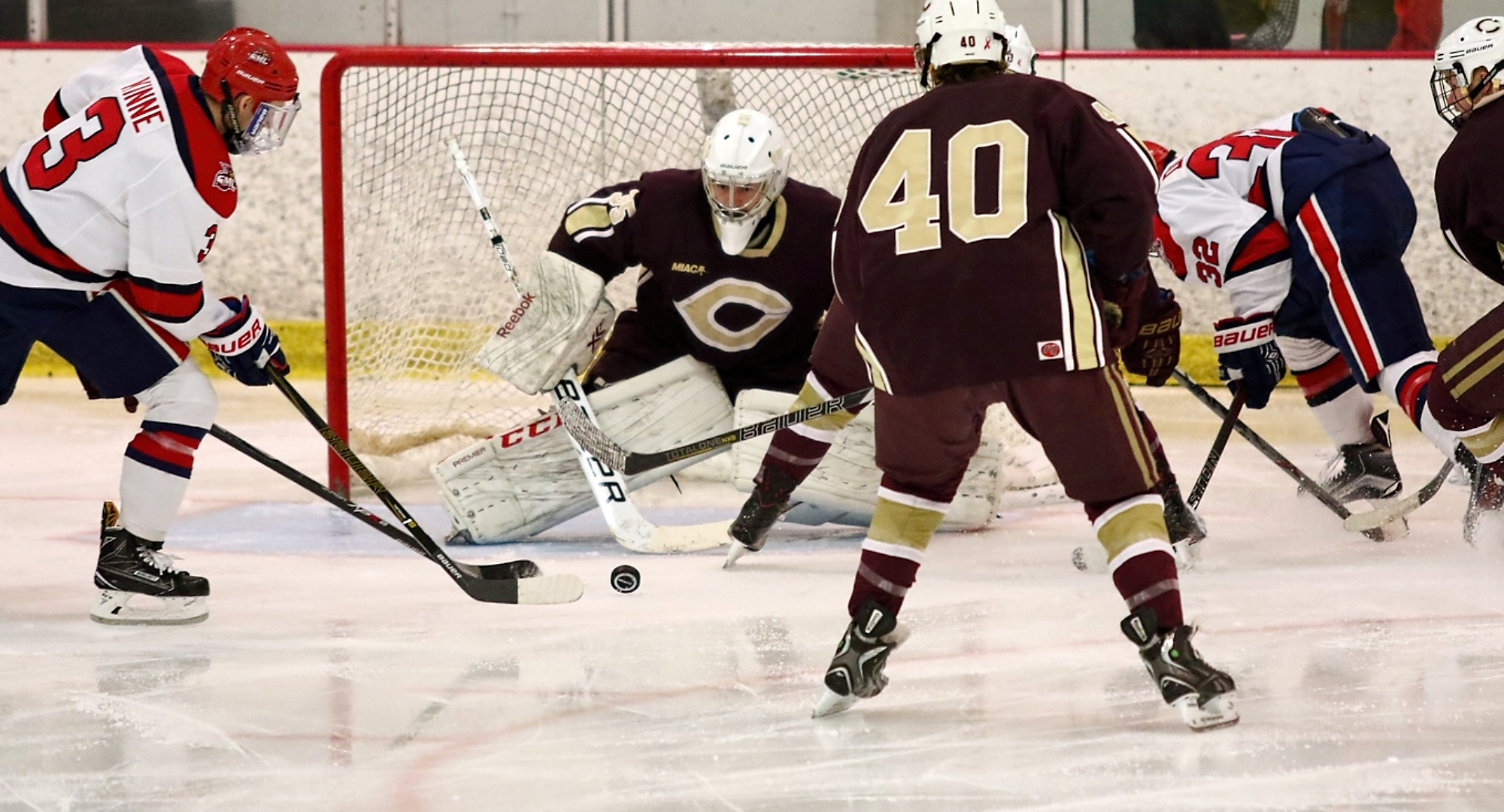 Freshman goalie Sam Nelson gets ready to make one of his 36 saves in the Cobbers' 5-1 win at St. Mary's. (Photo courtesy of Ryan Coleman, d3photography.com)