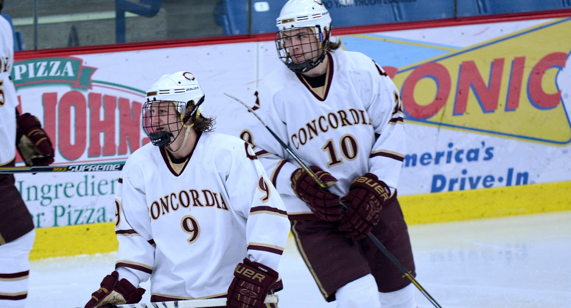 Jon Grebosky (#9) and Zach Doerring combined for three goals with Doerring getting the overtime game winner in the Cobbers' 5-4 win at St. Thomas.