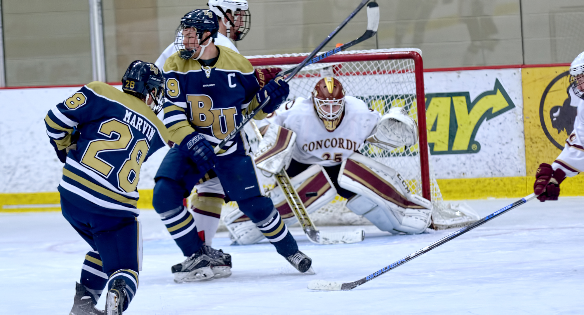 Sophomore goalie Sam Nelson concentrates on the puck after a shot by a Bethel attacker in the second period of the Cobbers' game with the Royals.