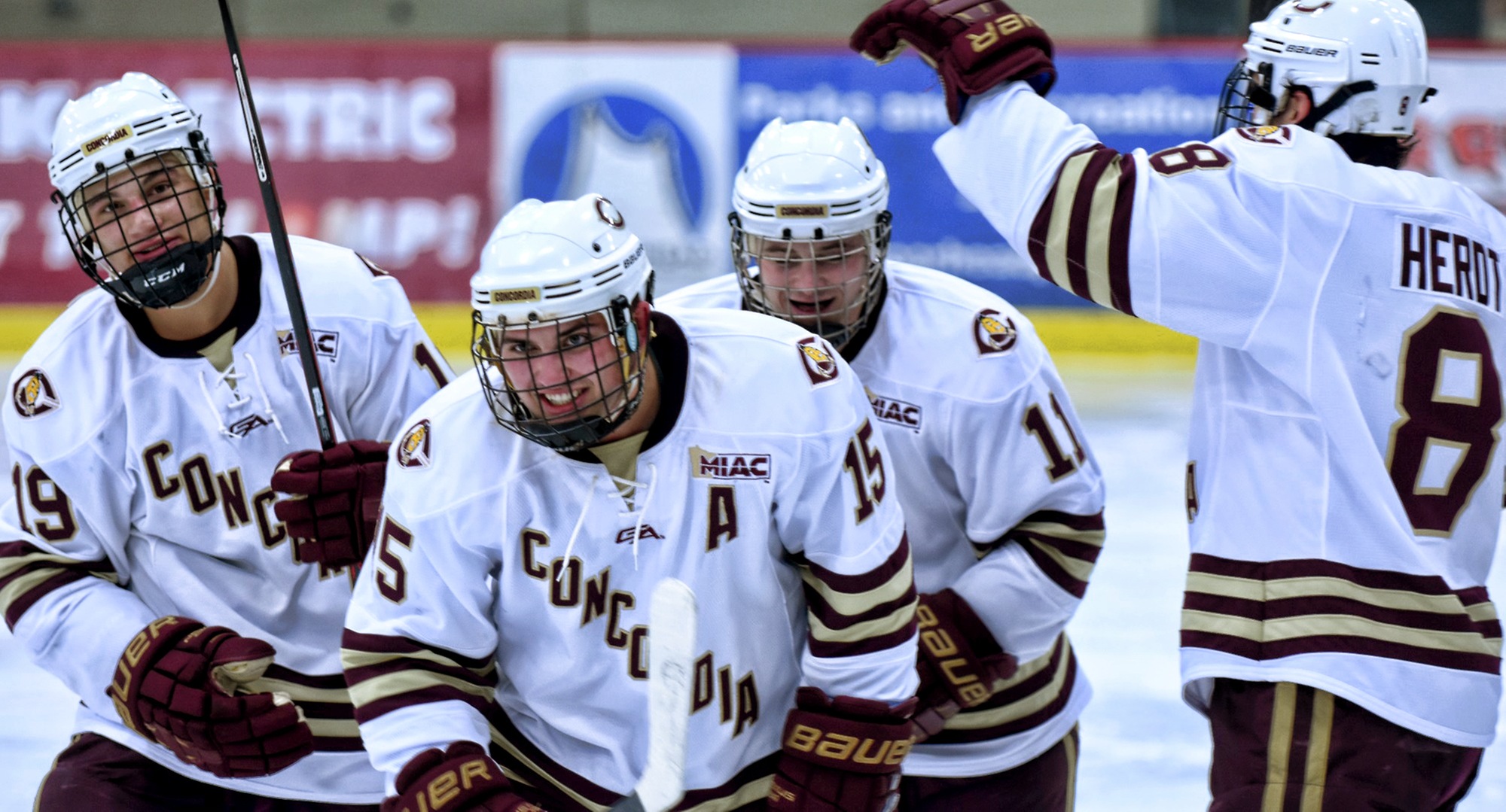 Senior Mario Bianchi and his linemates celebrate his goal in the third period of the Cobbers 5-2 win over Wis.-Superior.