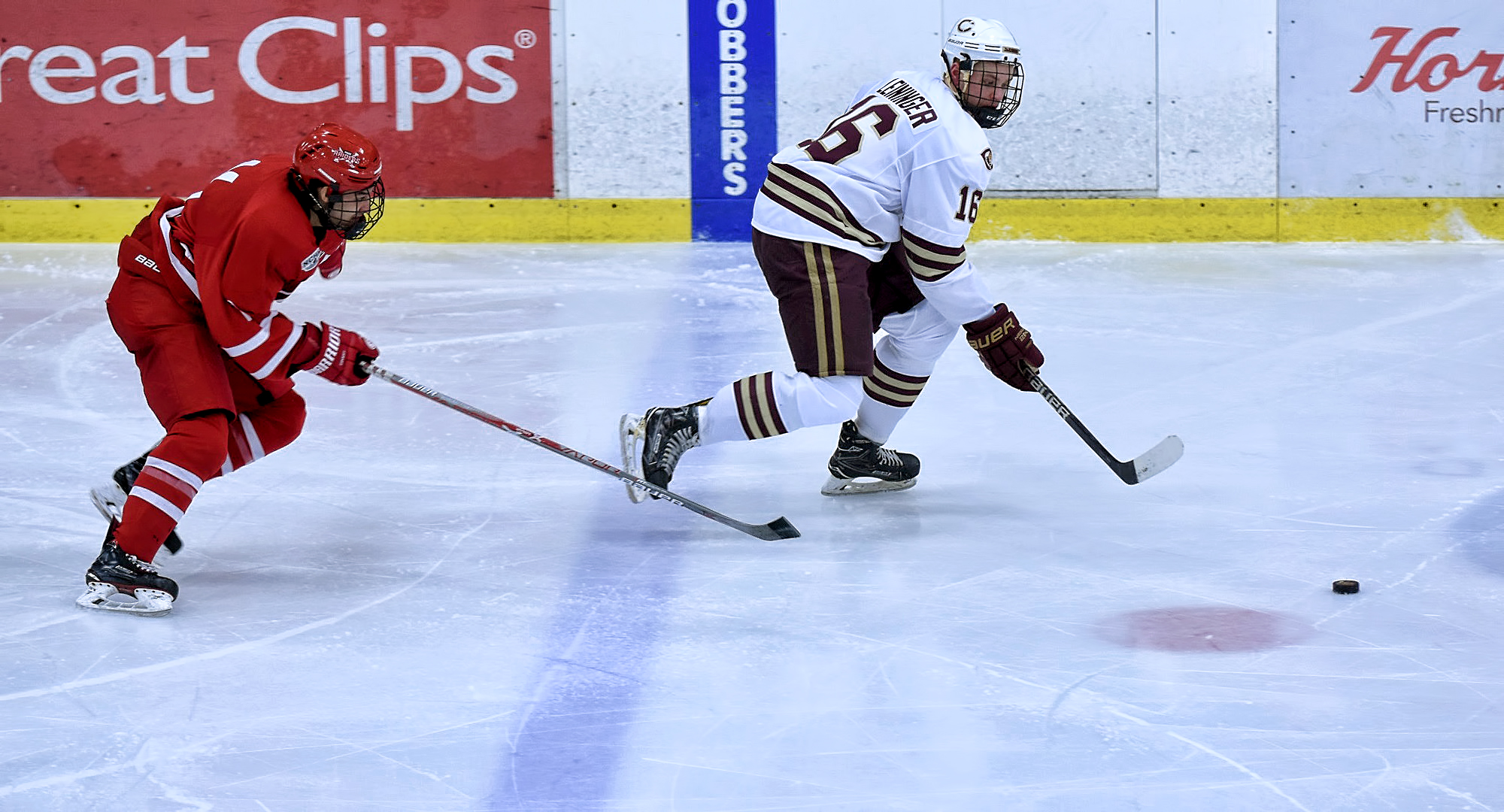 Sophomore Keaton Leininger races the puck up the ice during the Cobbers' 5-3 win over Milw. School of Engineering. Leininger scored his first goal for CC in the second period.