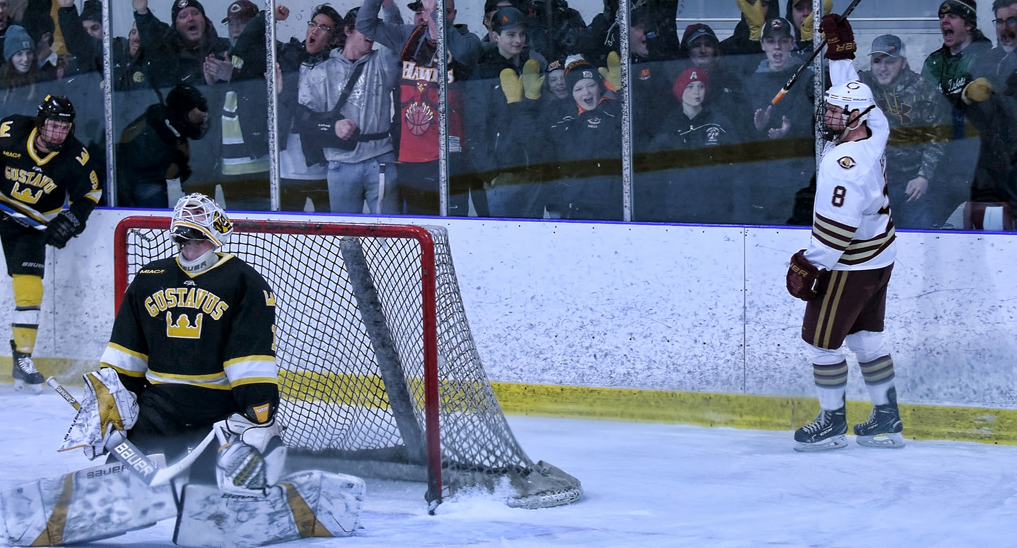 Aaron Herdt celebrates his game-winning goal with only 4-seconds left in overtime as Concordia beat Gustavus to clinch a spot in the MIAC playoffs.