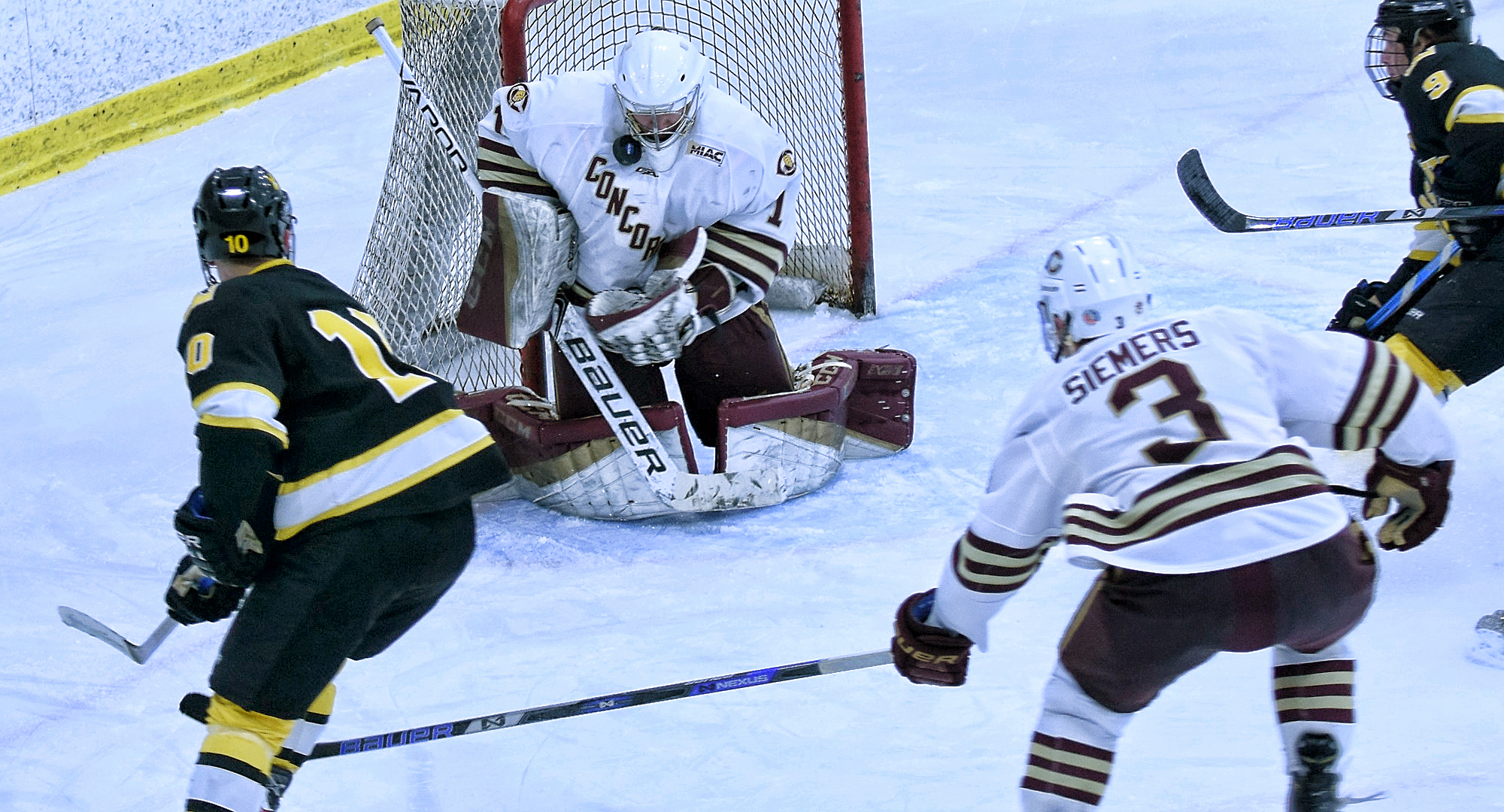Junior goalie Jacob Stephan makes one of his 30 saves in the Cobbers' 1-0 victory over Gustavus.