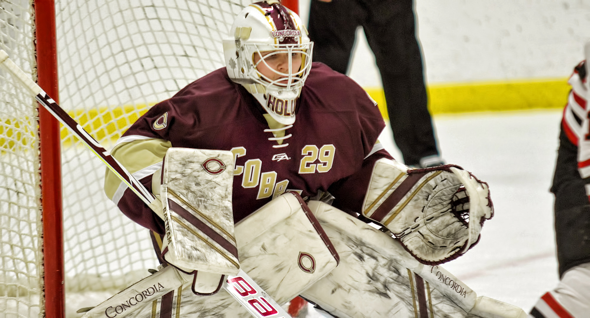 Goalie Gabe Holum gets ready to make a stop during the Cobbers' 3-2 win at Wis.-River Falls. Holum made 19 saves to earn his first college win. (Pic courtesy of BJ Pickard)
