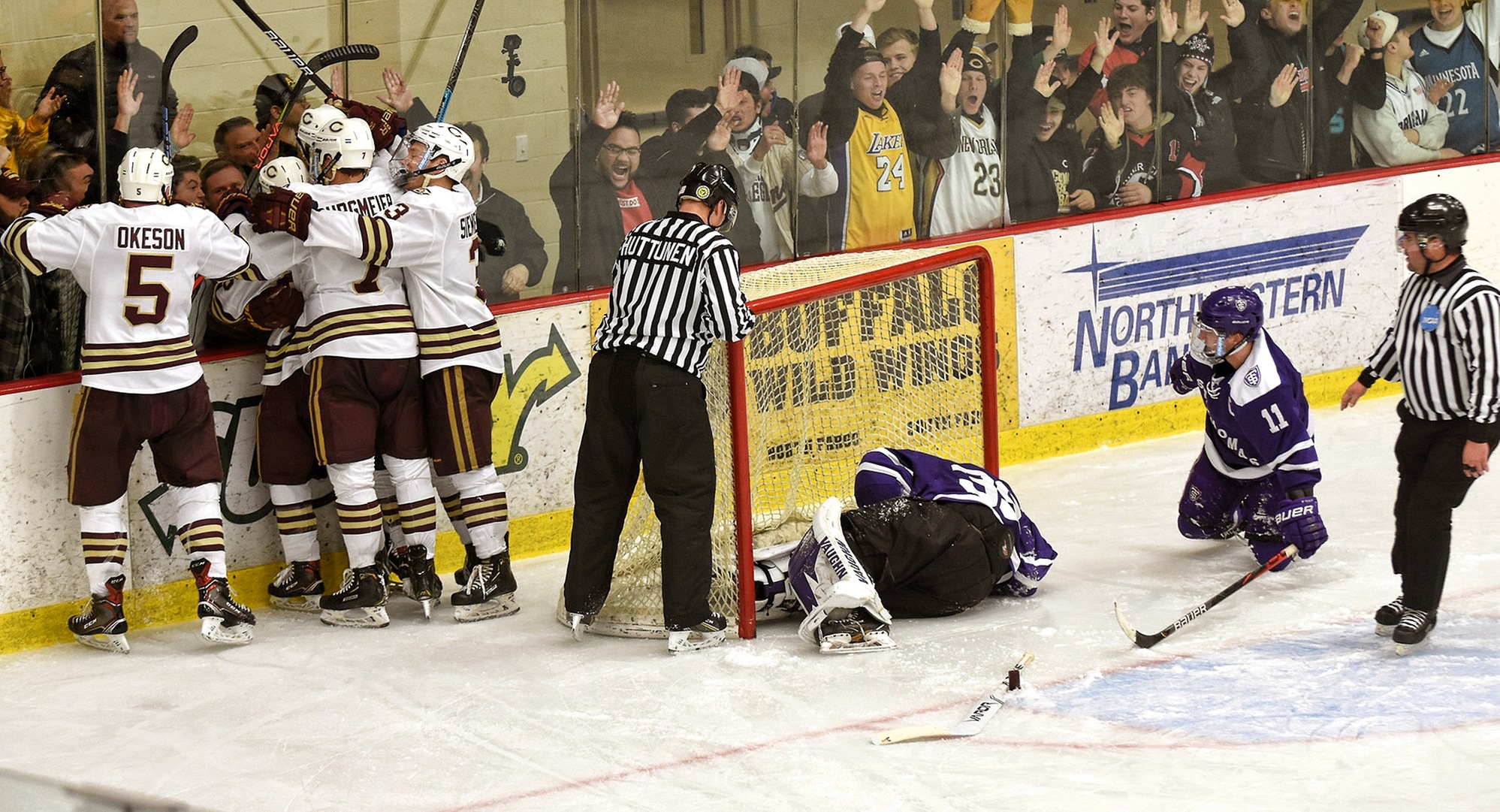 Concordia, and the fans, celebrate Jake Ellingson's goal in the third period of the Cobbers' 4-2 win over St. Thomas.