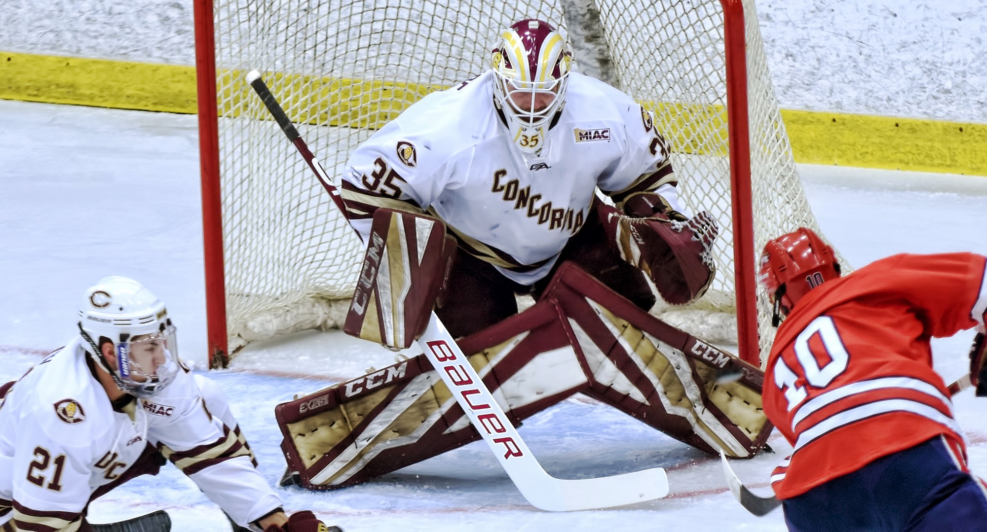 Junior goalie Cam Haugenoe made a career-high 50 saves in the Cobbers' 2-2 OT tie at Northland.