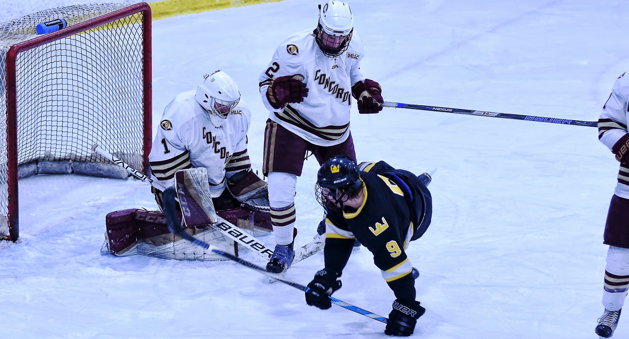 Junior Alex Stoley (#2) knocked down Gustavus in the series opener in St. Peter as he scored the game-winning goal with 1:41 left in regulation to help the Cobbers post a 3-2 victory.