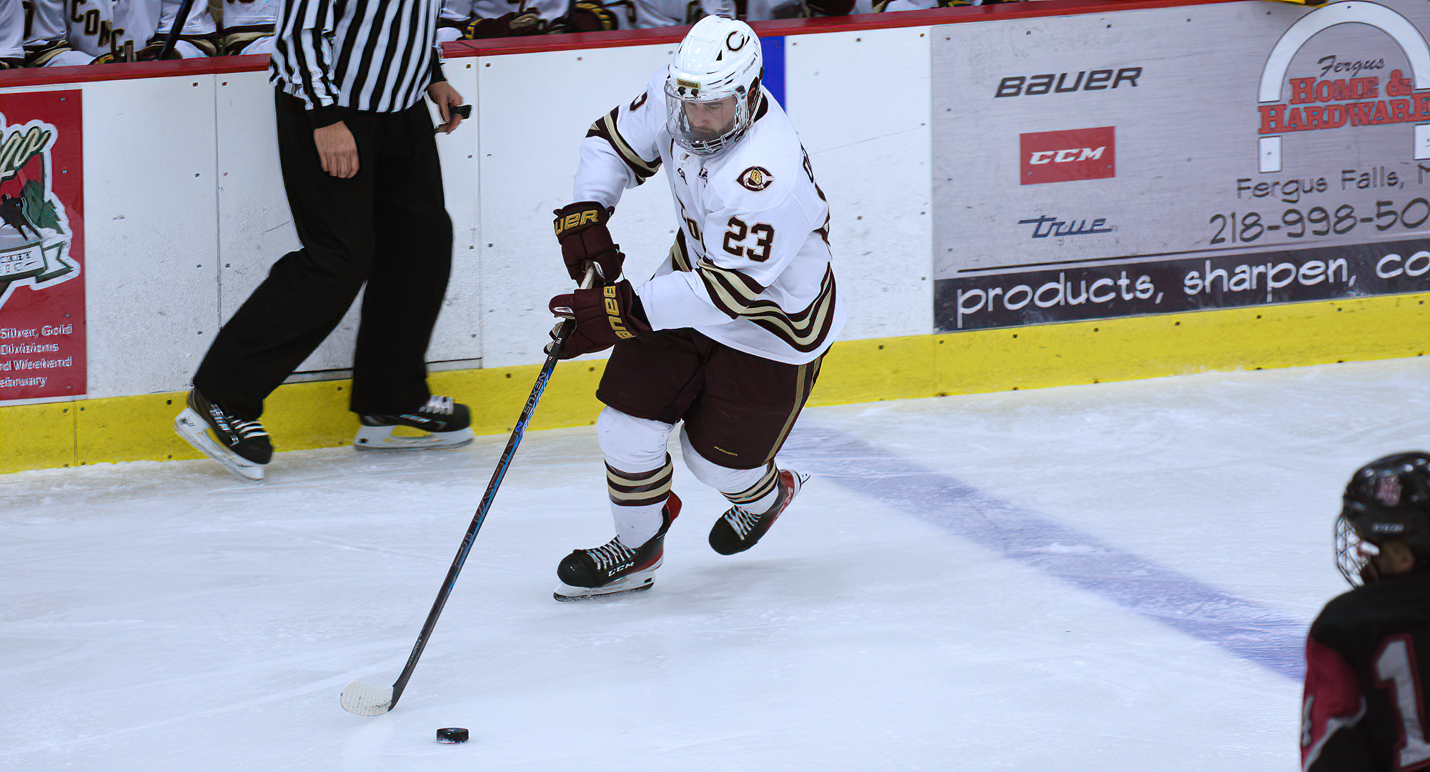 Sophomore Cole O'Connell  carries the puck up the ice in the Cobbers' 6-2 win over the Pipers. He tied a school record by scoring four goals.
