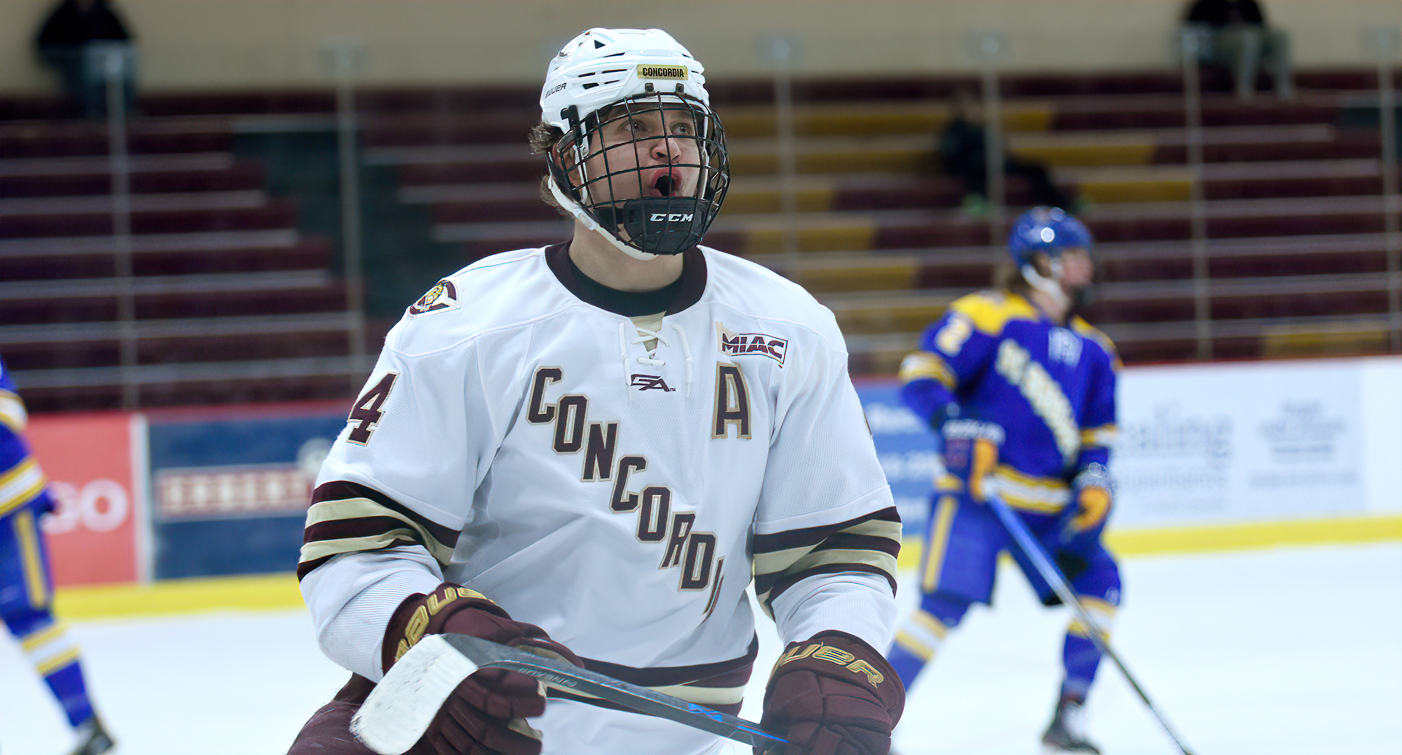 Senior Tanner Breidenbach celebrates his goal in the second period in the Cobbers' 4-2 win over St. Scholastica. He also had an assist in the game.