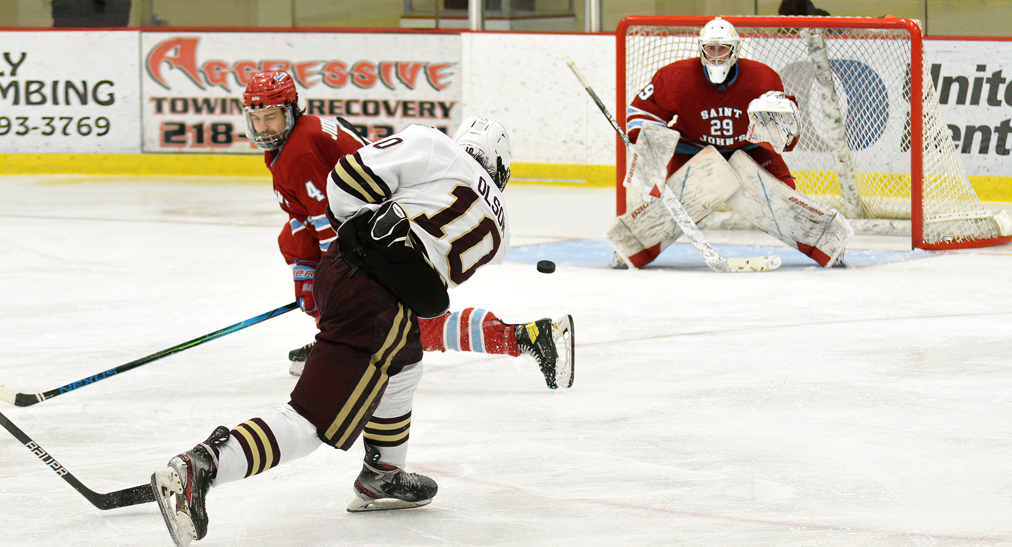 Hunter Olson fires a shot on goal in the Cobbers series finale with St. John's. CC outshot the Johnnies 31-20 in the game.