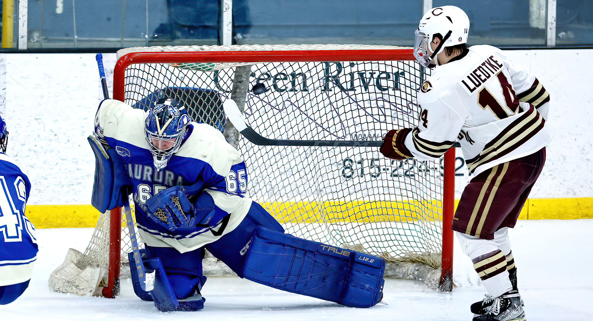 Ben Luedtke puts home the first goal of the game in the Cobbers' 4-1 win at Aurora. (Photo courtesy of Steve Woltmann)