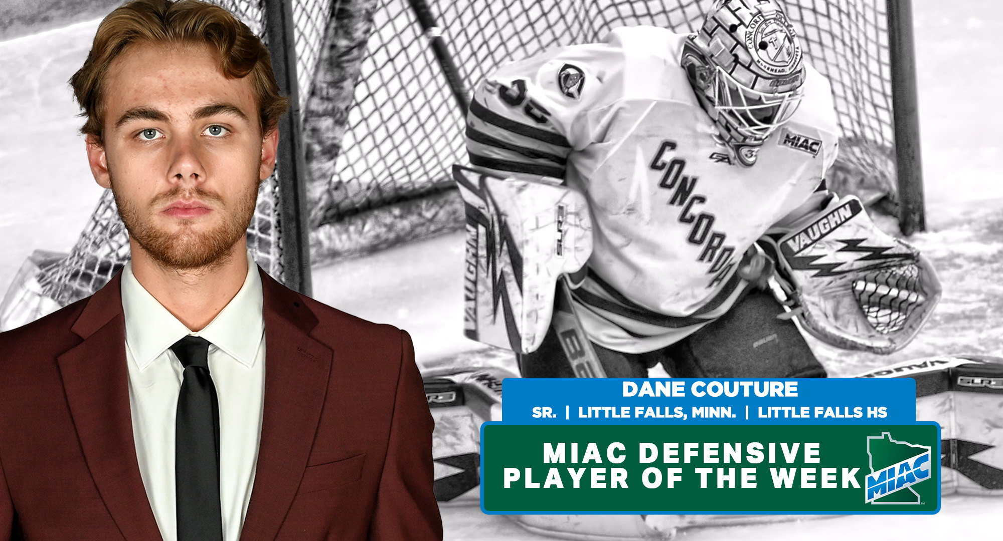 Goalie Dane Couture was named the MIAC Defensive Player of the Week after leading Concordia to a pair of wins at Concordia (Wis.)