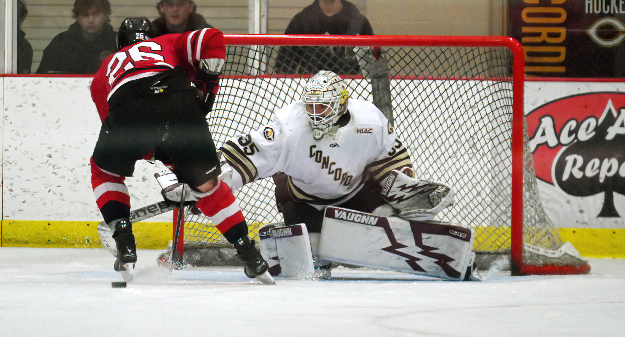 Sophomore goalie Dane Couture pokes the puck way from a River Falls forward after the Falcons' player broke free on a breakaway.