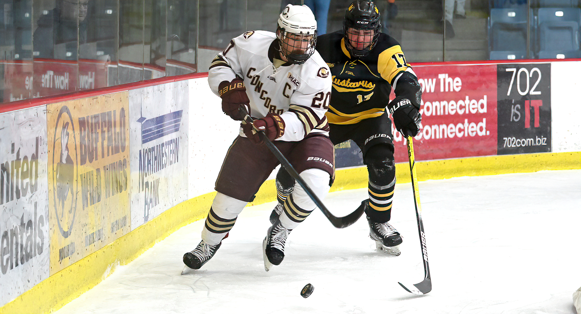 Hunter O'Leary corrals the puck behind the Gustavus in the Cobbers' series finale with the Gusties. He scored CC's second goal of the game.