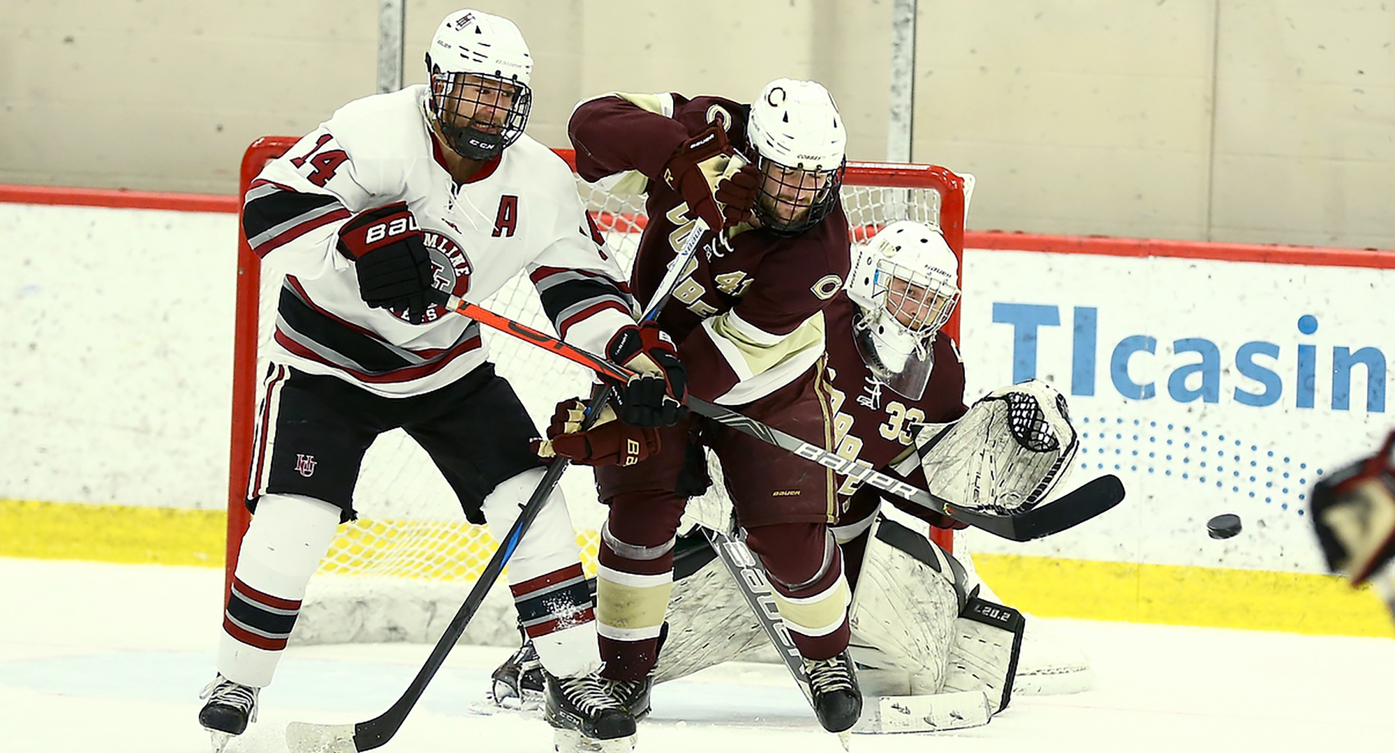 Goalie Philippe De Champlain gets ready to make a save in the Cobbers' game at Hamline. (Photo courtesy of Ryan Coleman, D3photography.com)