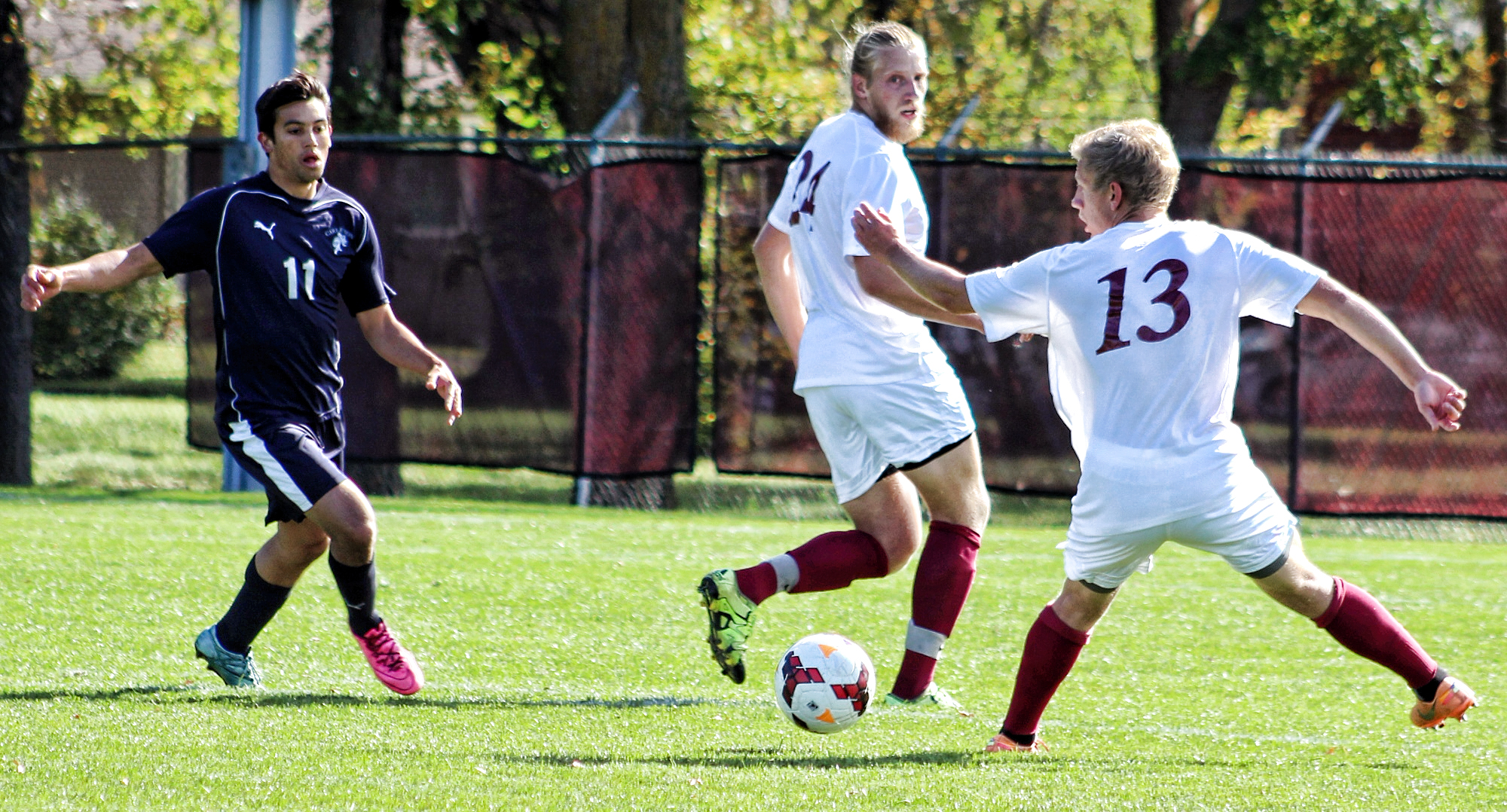 Sophomore defender Tony Morrell goes for a loose ball during the Cobbers' game with Carleton.