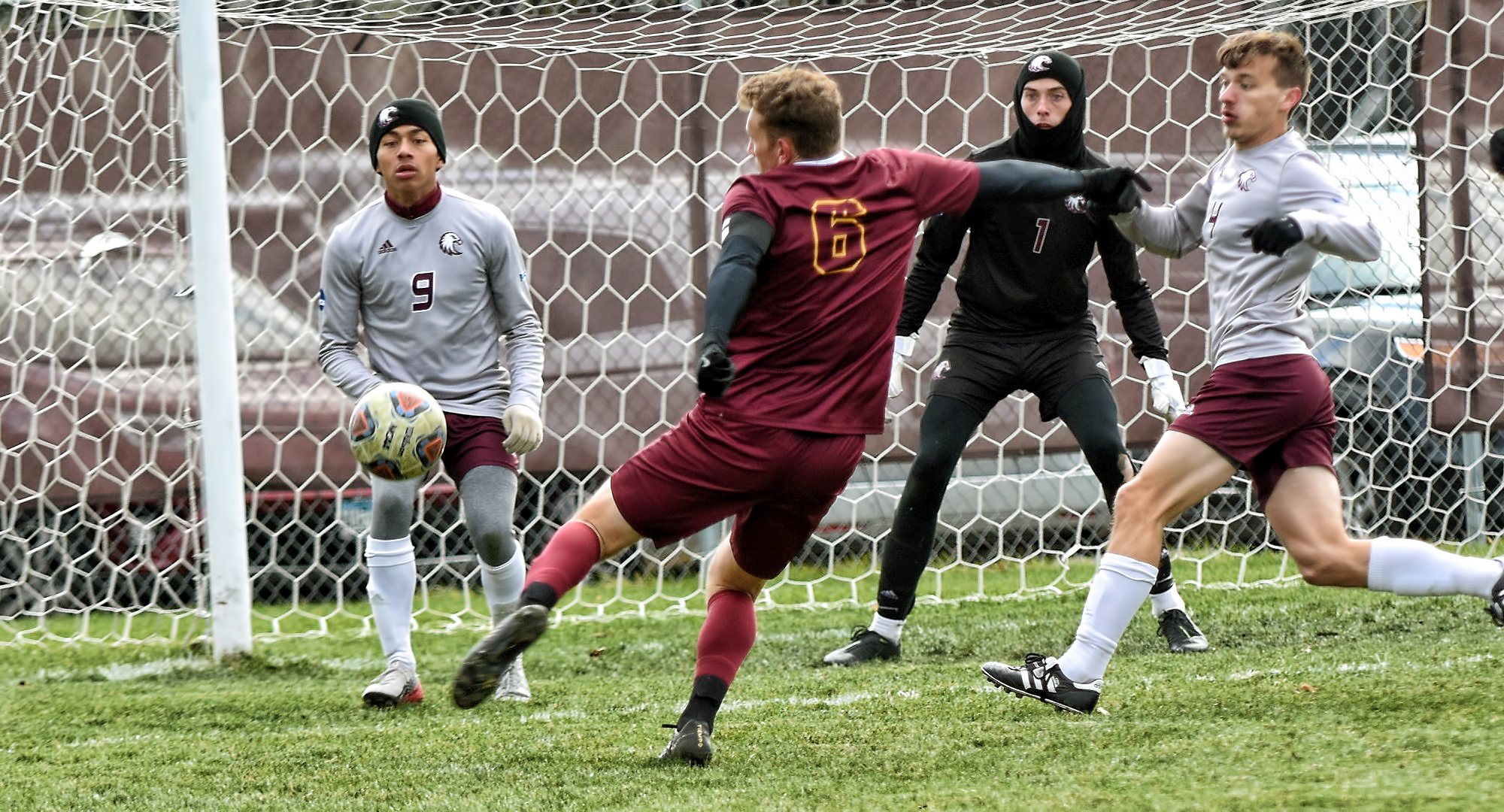 Cobber senior Henry Schaefer gets ready to volley a shot on goal during the second half of the team's game with Augsburg.