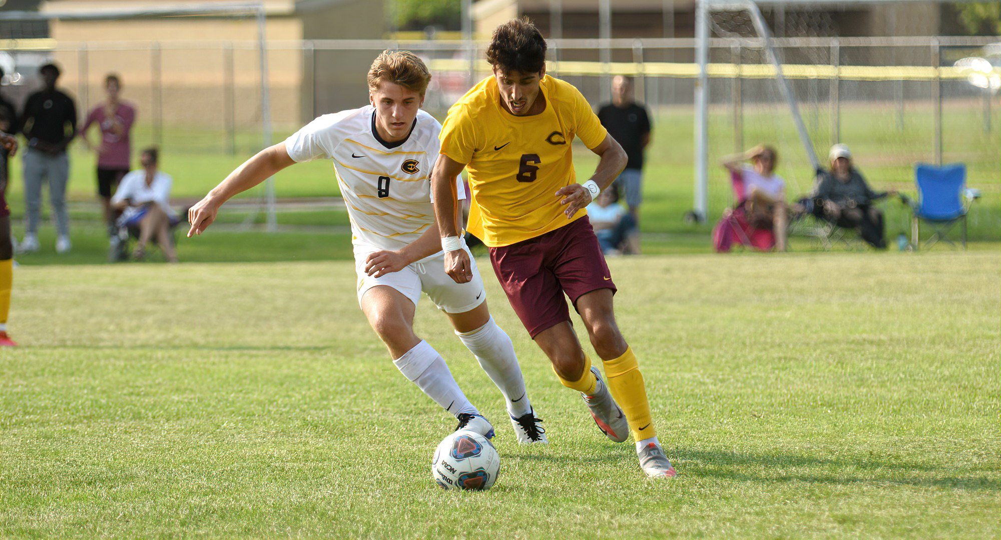 Junior defender Matthew Nemer brings the ball up the field during the Cobbers' game with Wis.-Eau Claire. Nemer had a game-high three shots on the day.