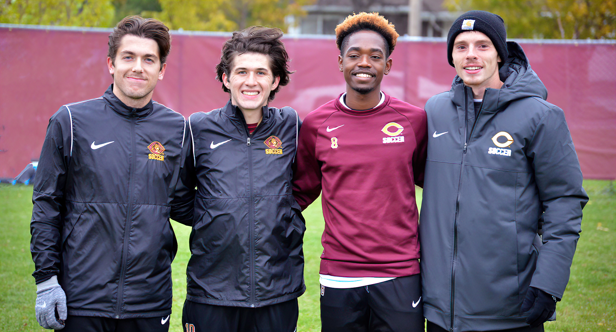Seniors (L-R) Nate Weaver, Christian Alberti, Nigaba Olivier and Tyson Aberle were honored before the Cobbers' game with Hamline.