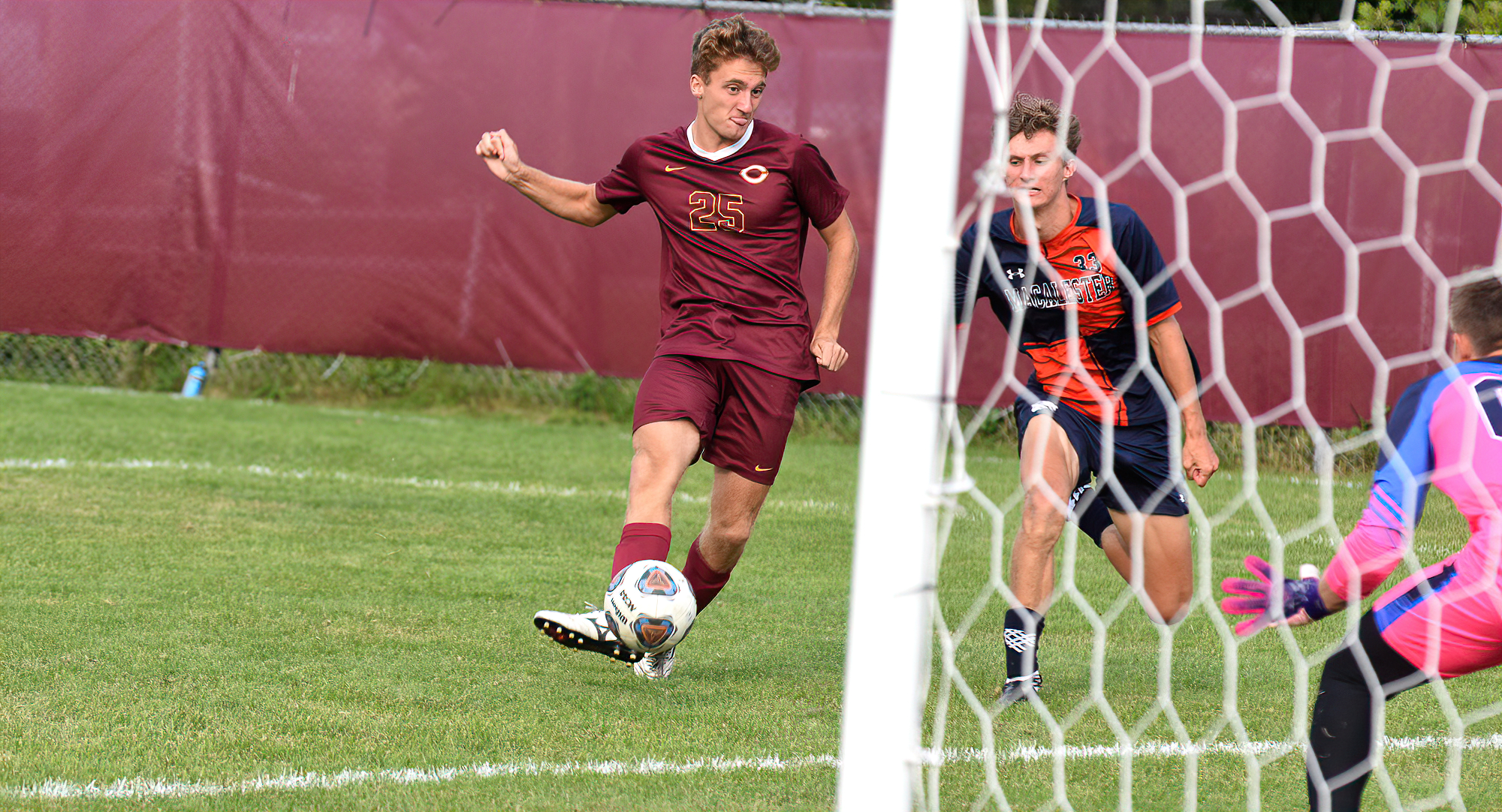 Gannon Brooks slots home the Cobbers' second goal in their game against Macalester. The score was Brook's team-leading third of the year.