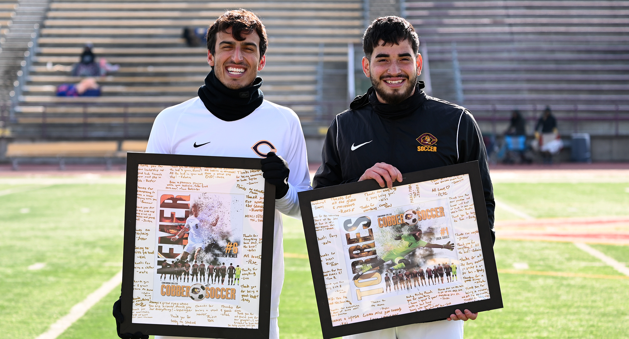 Concordia honored seniors Matthew Nemer (L) and Erick Torres at halftime of their season finale against St. Olaf.