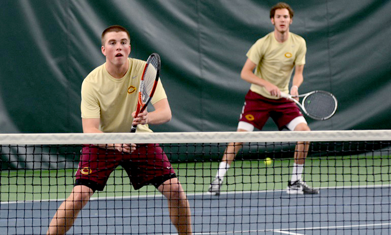 The freshmen No.1 doubles team of Isaac Toivonen (L) and David Schneck lost a tough 9-7 decision in CC's loss to #17 Gustavus.