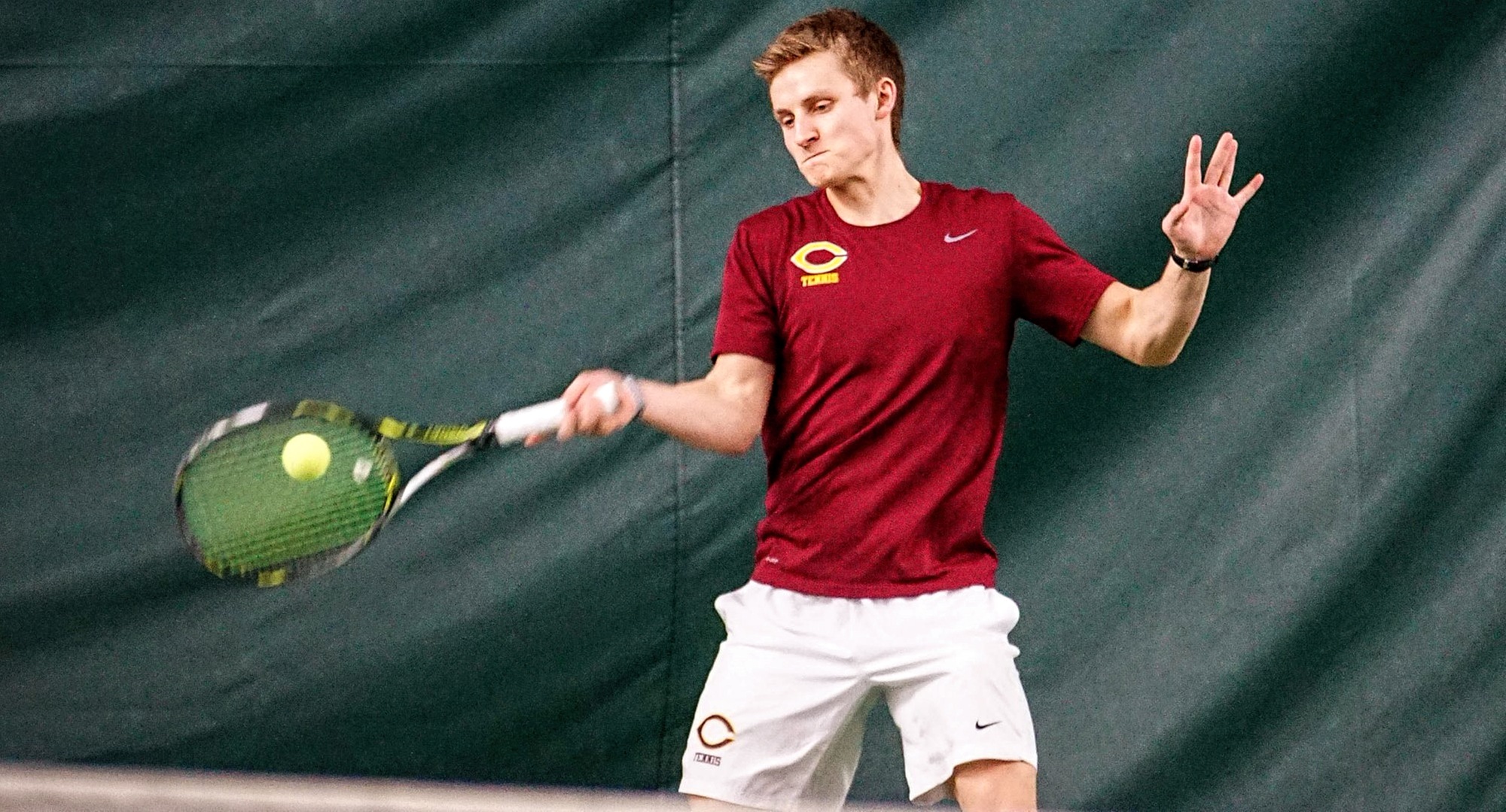 Senior Matthew Engum remained unbeaten in singles play as he posted a 6-2, 7-5 against Augustana (Photo courtesy of Lyle Hovland)