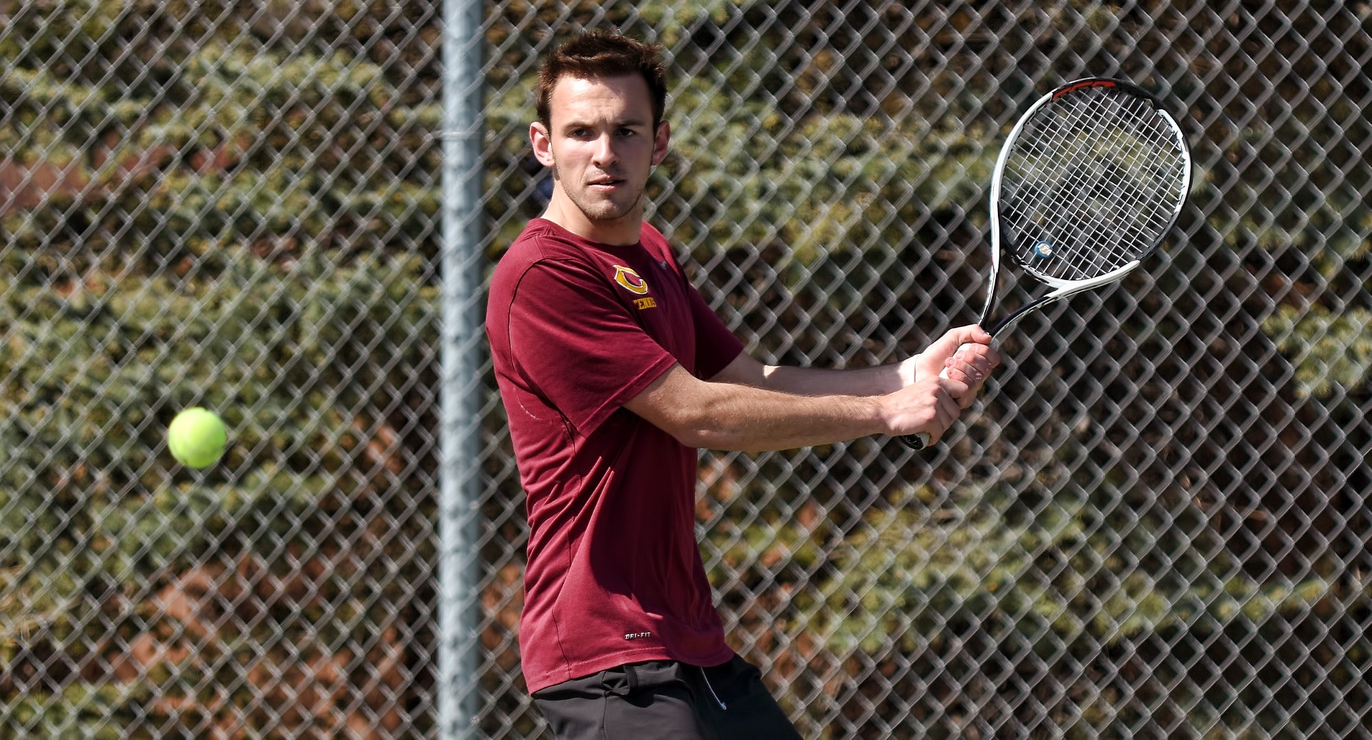 Senior David Youngs won his singles match against a DII opponent from Augustana (S.D.) during the Cobbers' annual I-29 Battle with the Vikings and UND.