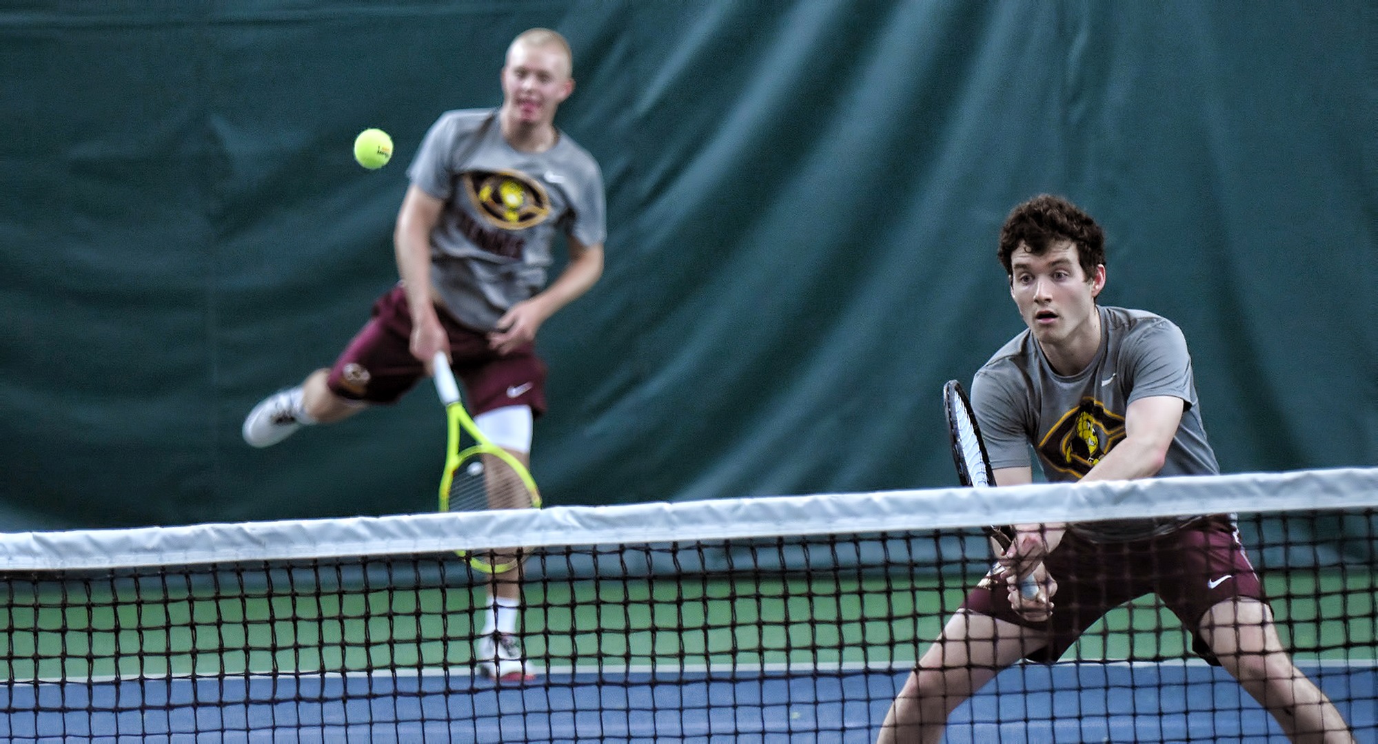 The Cobber No.1 doubles team of Jared Saue (L) and Erik Porter rolled to an 8-1 against St. Scholastica and have now won a pair of matches on the year.