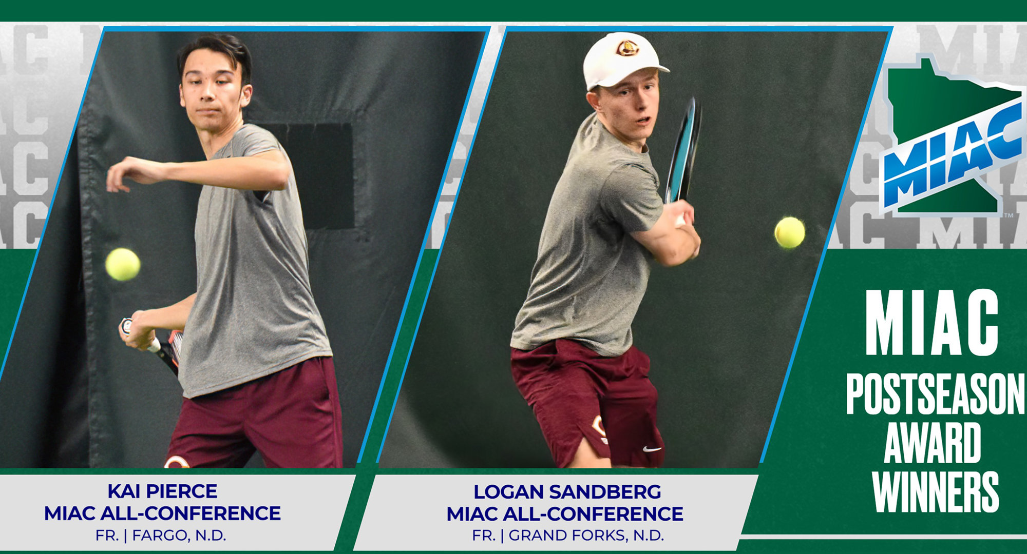 Kai Pierce (L) and Logan Sandberg capped their successful freshmen seasons by being named to the MIAC All-Conference Team in singles play.