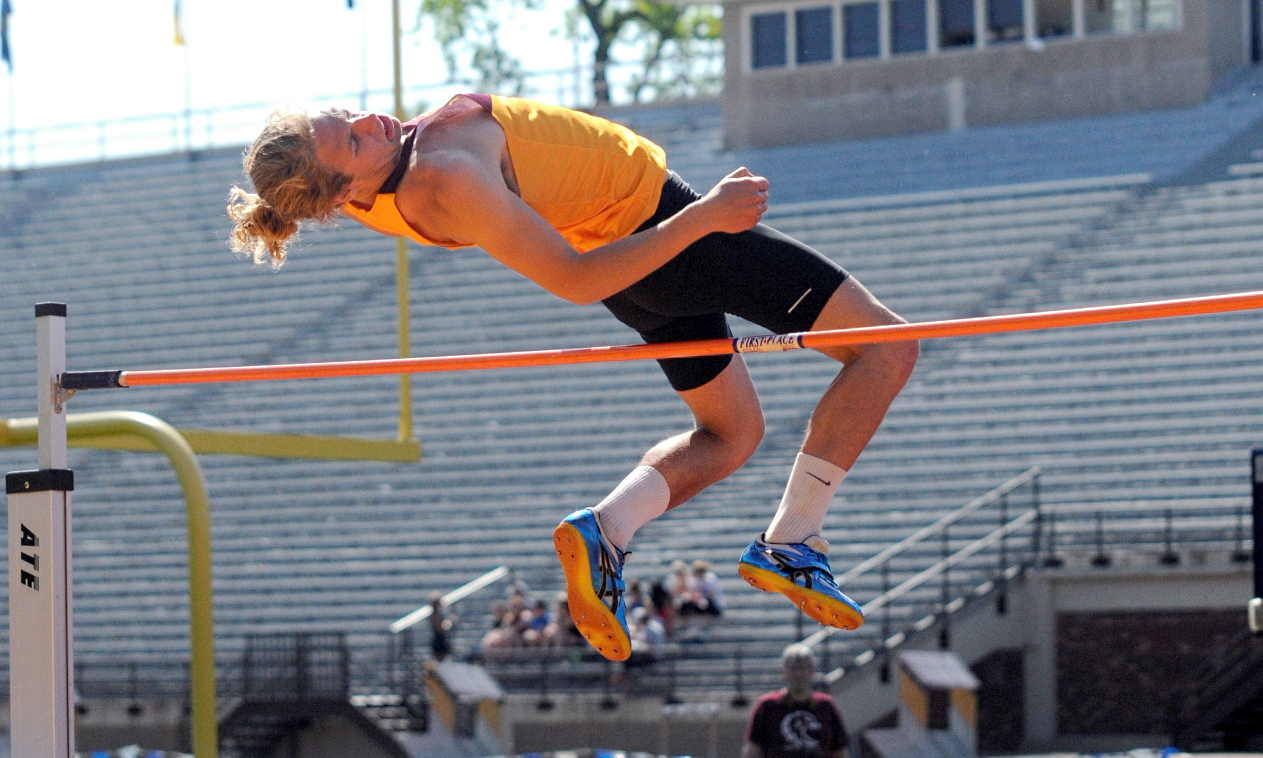 Senior Hans-Kristof Nelson clears the high jump bar at 5-08.50 at the MIAC decathlon. The height was a season best for Nelson. Photo courtesy of Carleton Sports Information