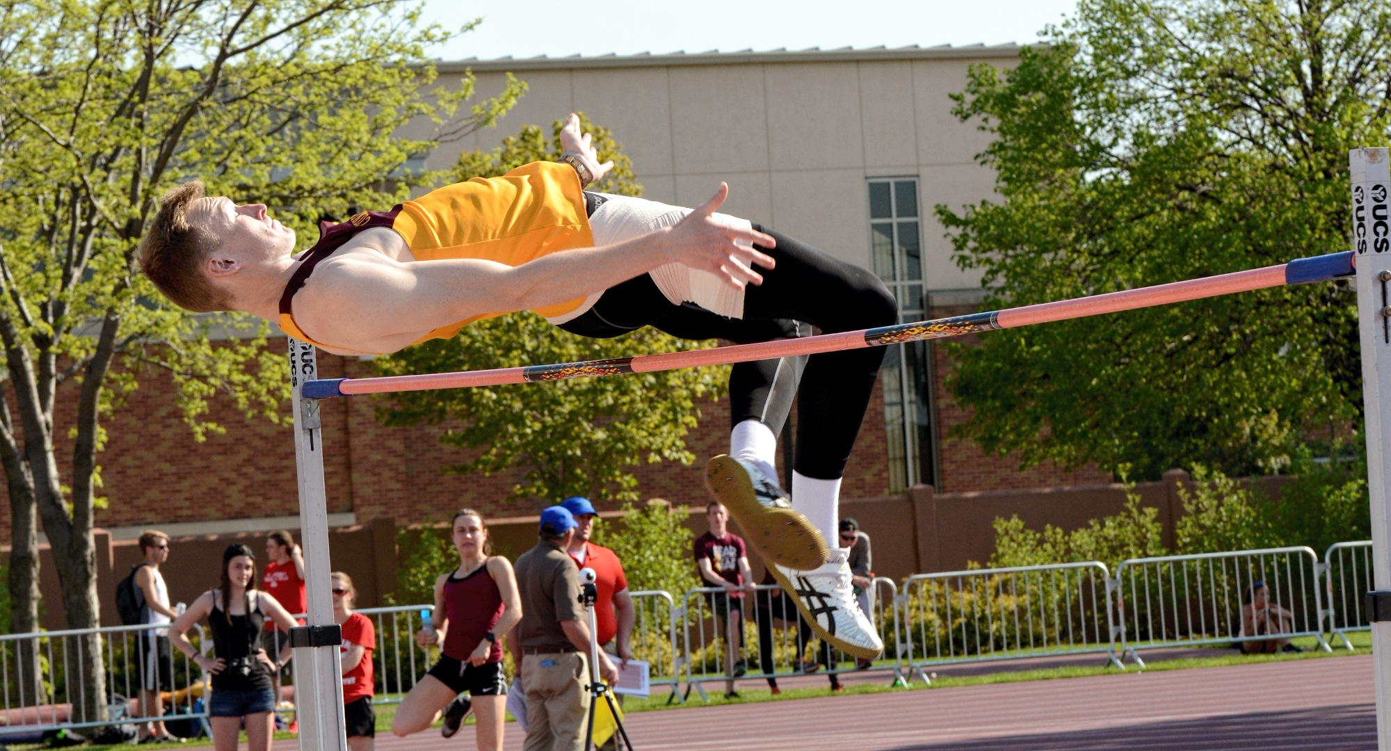 Jackson Schepp clears the bar on his way to winning the high jump on Day 1 at the MIAC Championship Meet. (Photo courtesy of Hamline Sports Info Dept.)