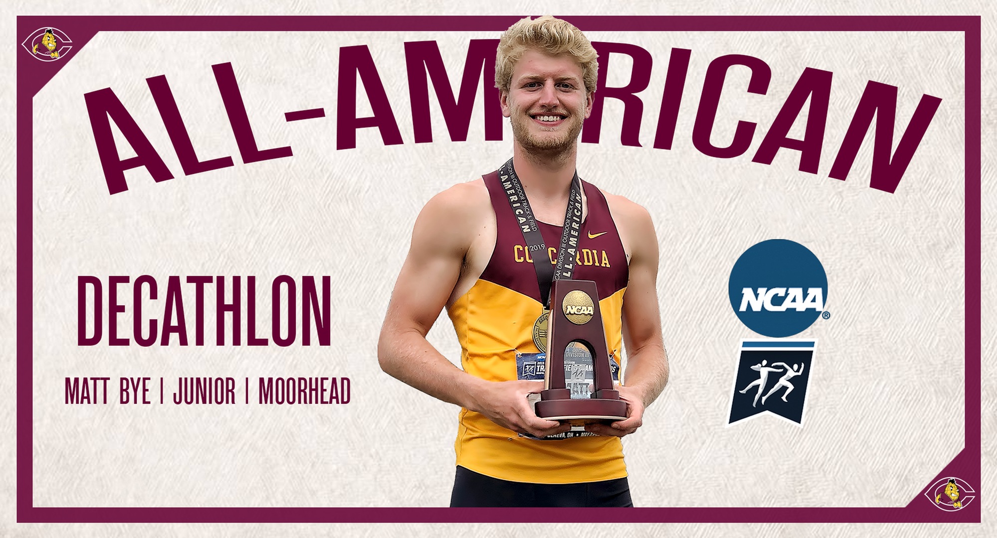 Junior Matt Bye finished eighth in the decathlon at the NCAA National Outdoor Meet to become the first Cobber All-American since 2002.