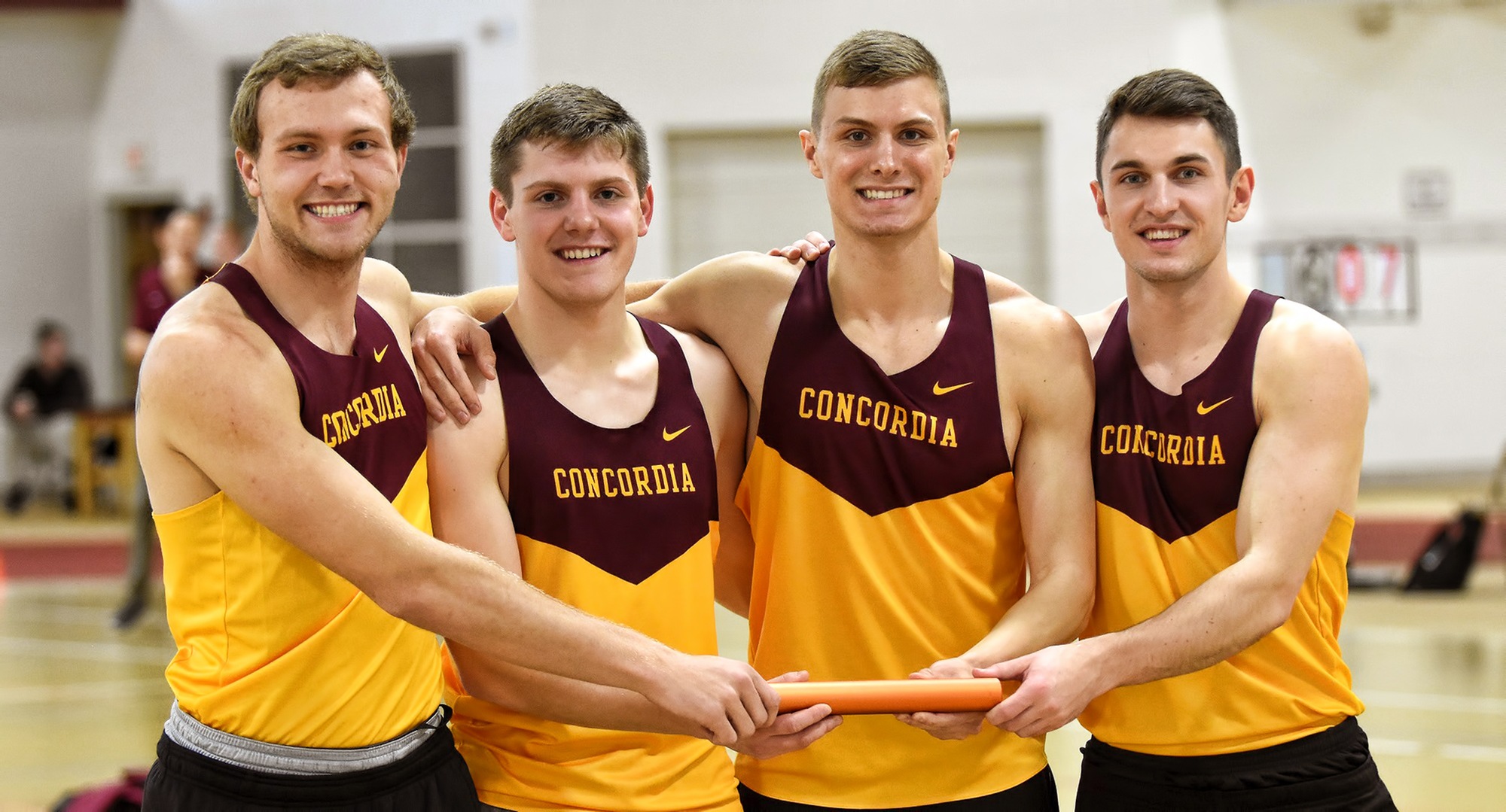 The 4x200-meter relay team of Colin Schuller, Hayden Gagnon, Cal Wright and Tom Whiting broke the school record by running a 1:31.18 at the Cobber Open.