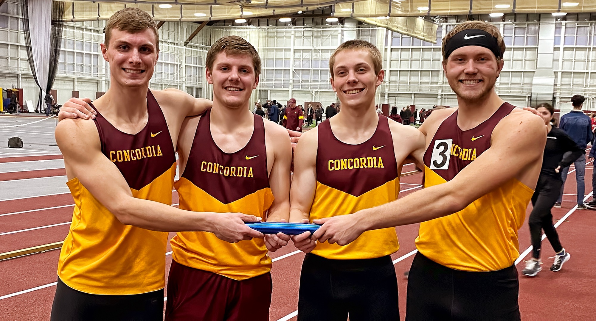 The 4x400-meter relay team of Cal Wright, Hayden Gagnon, Jesse Middendorf and Colin Schuller broke the school record at the U of Minnesota Cold Classic.