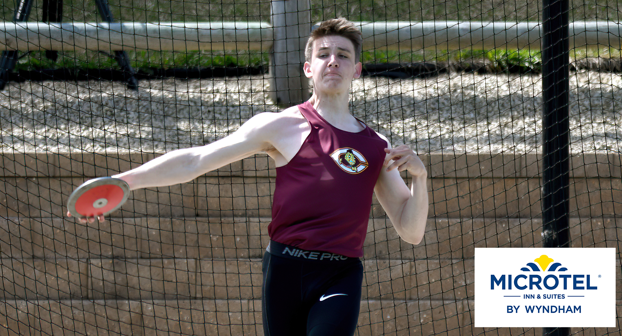 Sophomore Wade Rhonemus gets ready to launch the discus in the MIAC decathlon. he went on to finish third in his very first conference decathlon. (Photo courtesy of David Pape, Carleton SID)