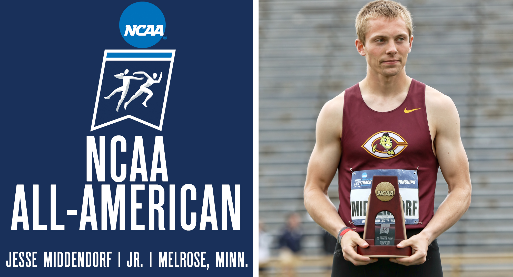 Junior Jesse Middendorf ran a 1:52.53 in the finals of the 800 meters and finished fifth to become the first Cobber All-American track athlete since 1992.