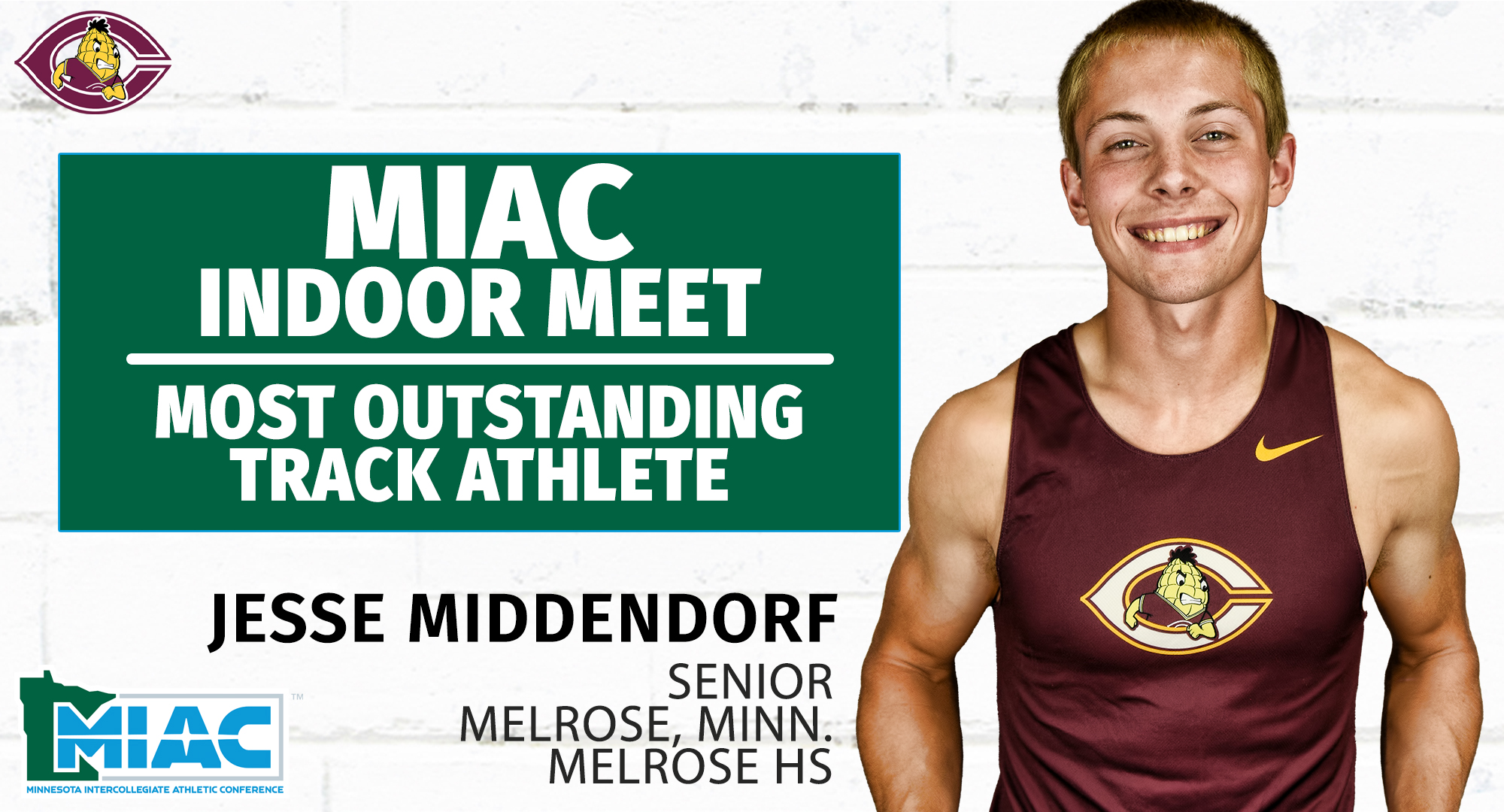 Jesse Middendorf was selected as the Outstanding Track Athlete at the MIAC Indoor Championship after his record-breaking performance.