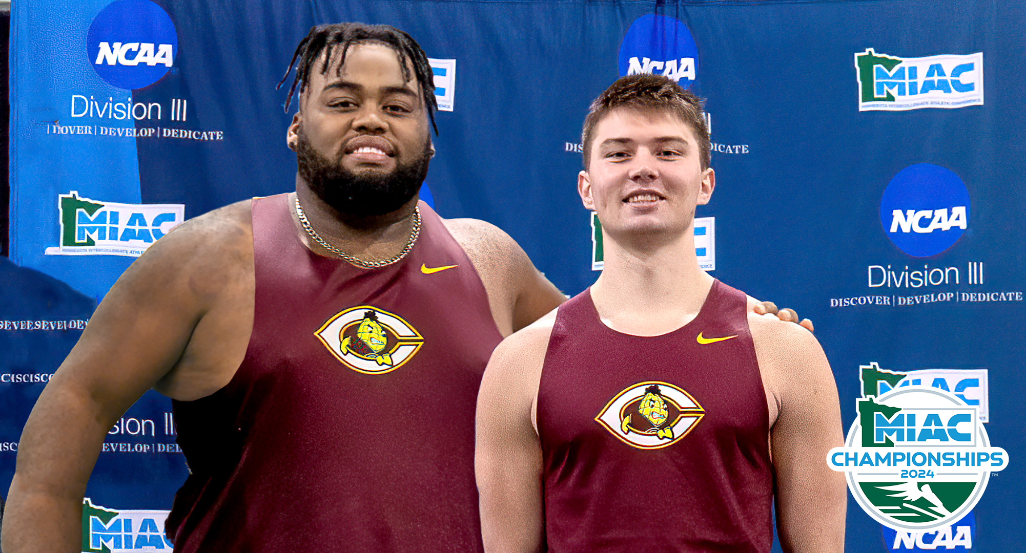Cooper Folkestad (L) won the shot put and Peyton Johnsrud won the high jump for the Cobbers on Day 2 at the MIAC Meet.