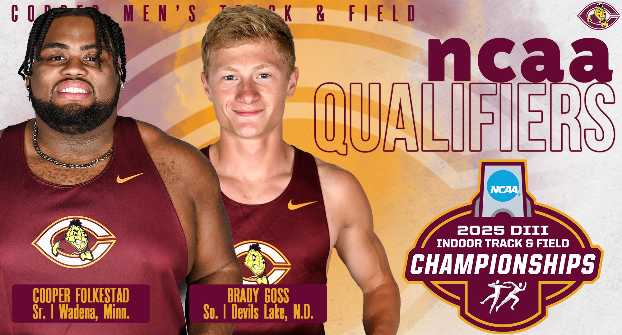 Senior Cooper Folkestad and sophomore Brady Goss have officially been selected to participate in the national indoor meet this weekend. 