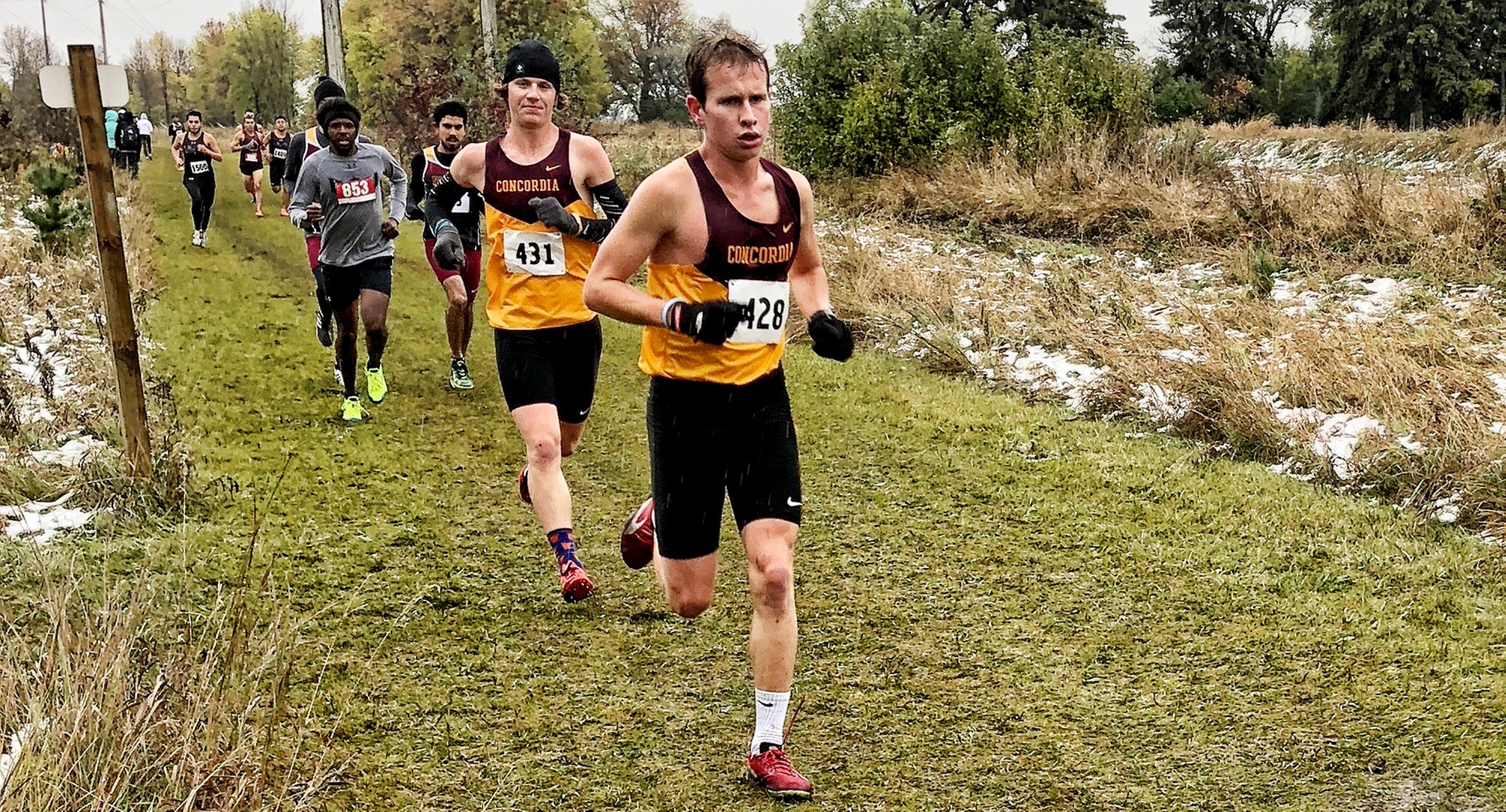 Michael Kraimer (front) and Olsen Pancoast were two of the Cobbers' Top 5 finishers at the UND Ron Pynn Classic.